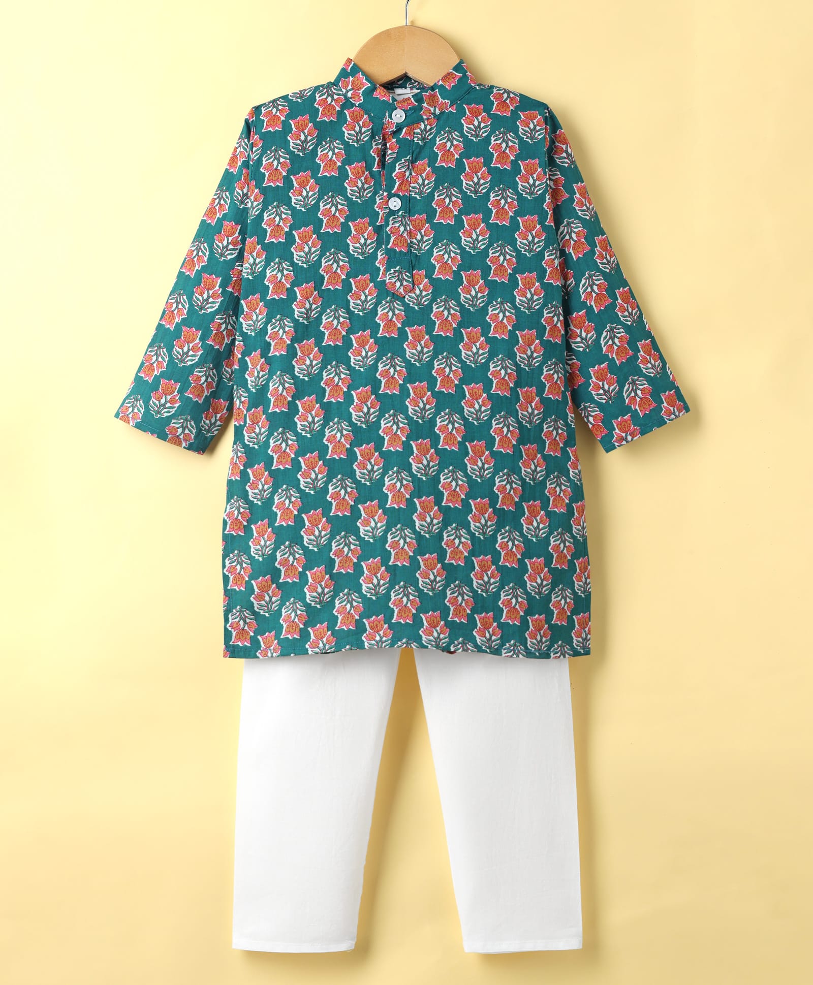 Teentaare Cotton Woven Full Sleeves Floral Printed Kurta Pajama Set - Teal Blue-image-48