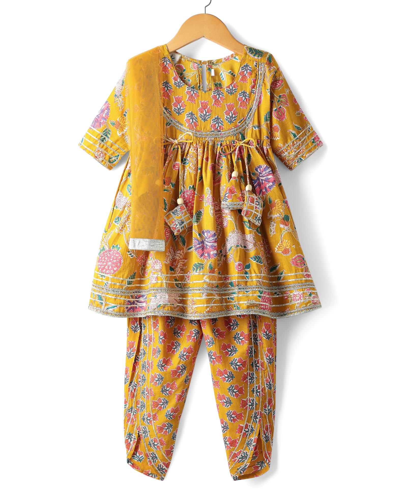 Teentaare Cotton Woven Three Fourth Sleeves Kurti Salwar Set with Dupatta & Floral Print - Yellow-image-43