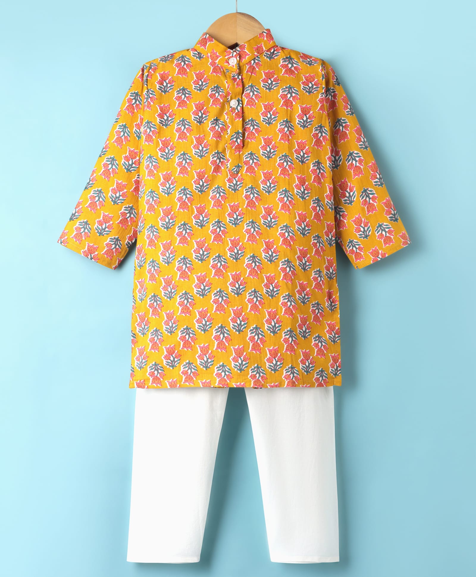 Teentaare Cotton Woven Full Sleeves Floral Printed Kurta Pyjama Set - Yellow & Pink-image-45