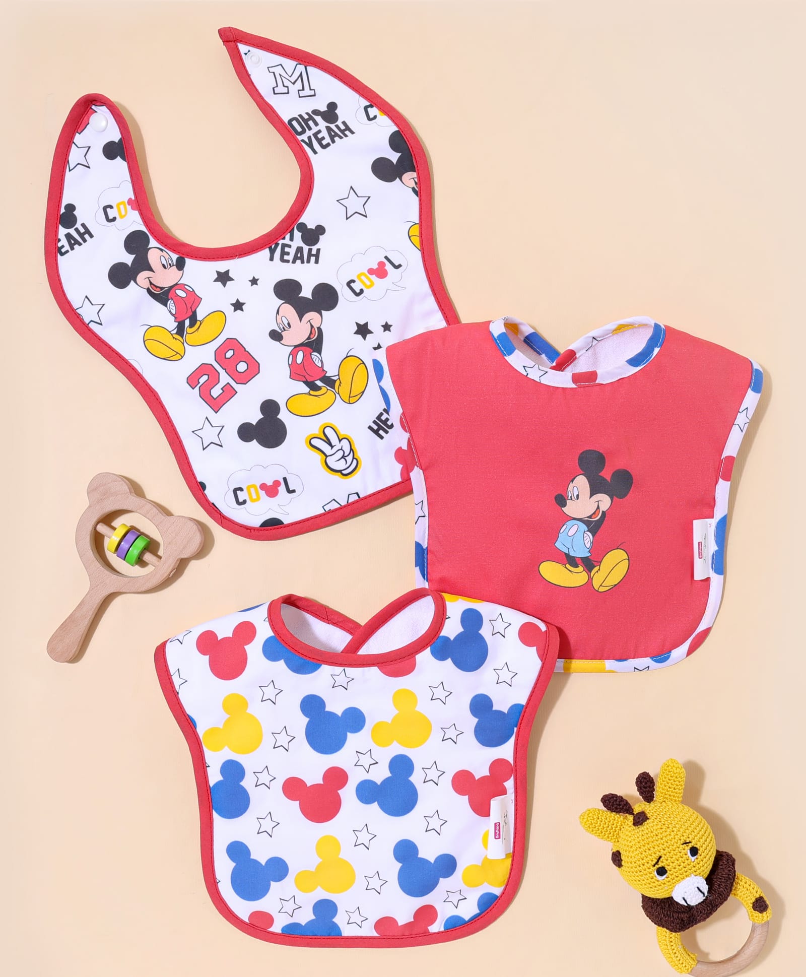 Babyhug Disney Premium Toddler Bibs Cool Mickey Print Set of 3 - Red & White Soft Cotton Fabric with Snap Button|Feeding & Drooling Bibs|6 to 24 Months|High Absorbent Machine Washable Infant Feeding-picture-41