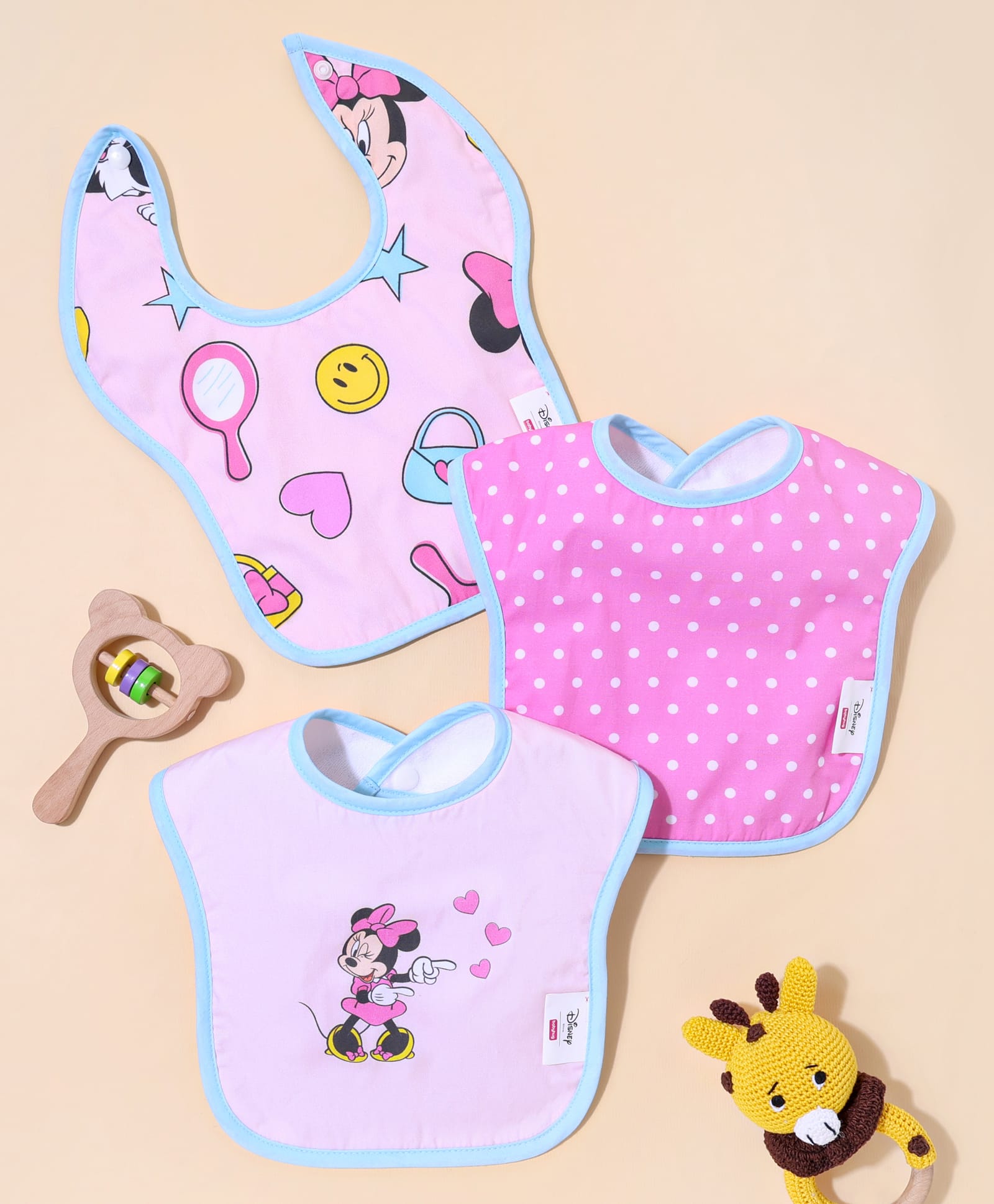 Babyhug Disney Premium Toddler Bibs Minnie Mouse Print Set of 3 - Pink| Soft Cotton Fabric with Snap Button| Feeding & Drooling Bibs| 6 to 24 Months| High Absorbent| Machine Washable| Infant Feeding-image-26