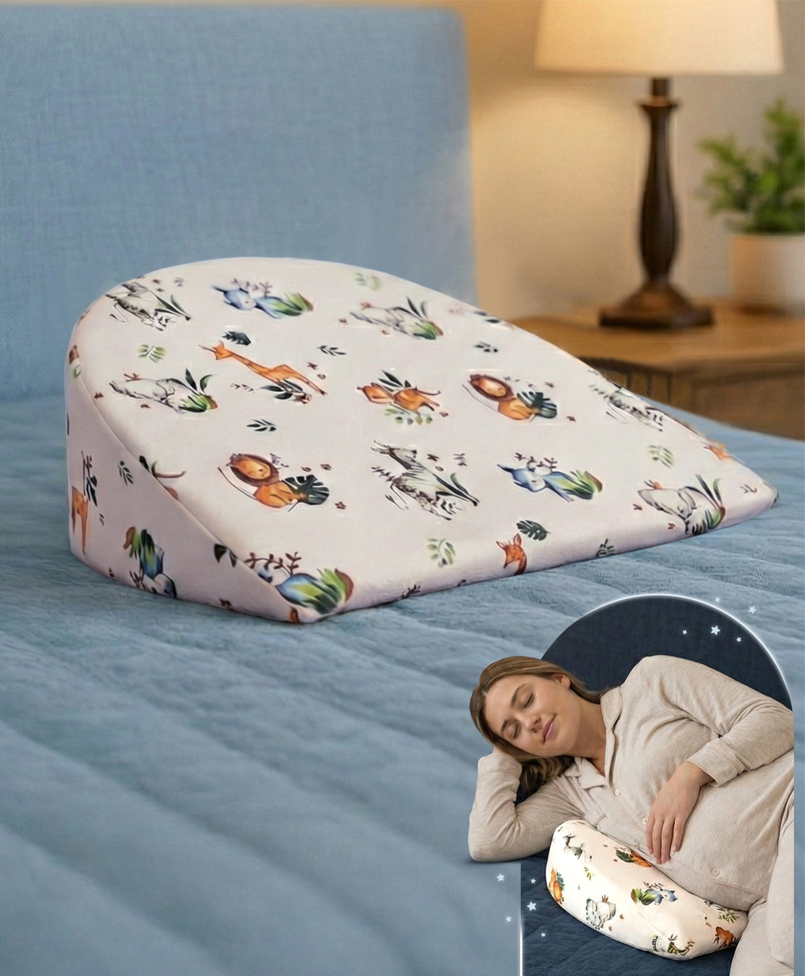 Bonfino Premium Memory Foam Pregnancy Wedge Pillow African Safari Print - Green and White