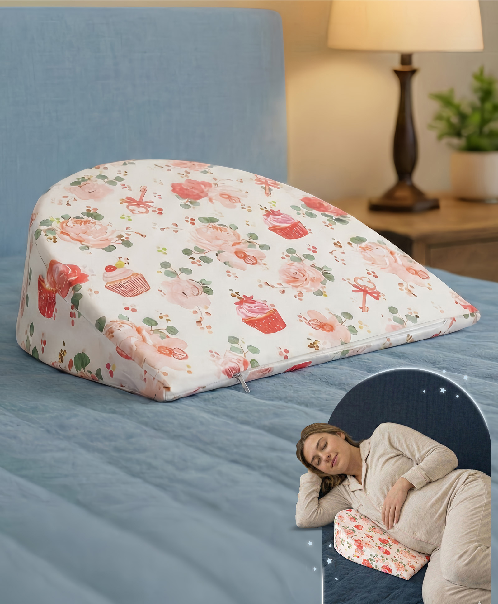Bonfino Premium Memory Foam Pregnancy Wedge Pillow Cupcake Print - Pink and White-picture-29