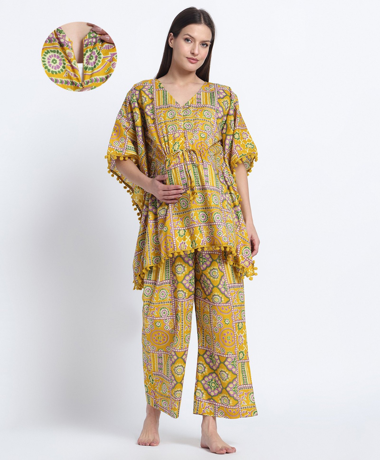 Aujjessa Cotton Woven Half Batwing Sleeves Geometric Printed & Lace Detailed Maternity Night Suit Set With Front Zipper Nursing Access - Mustard-image-41