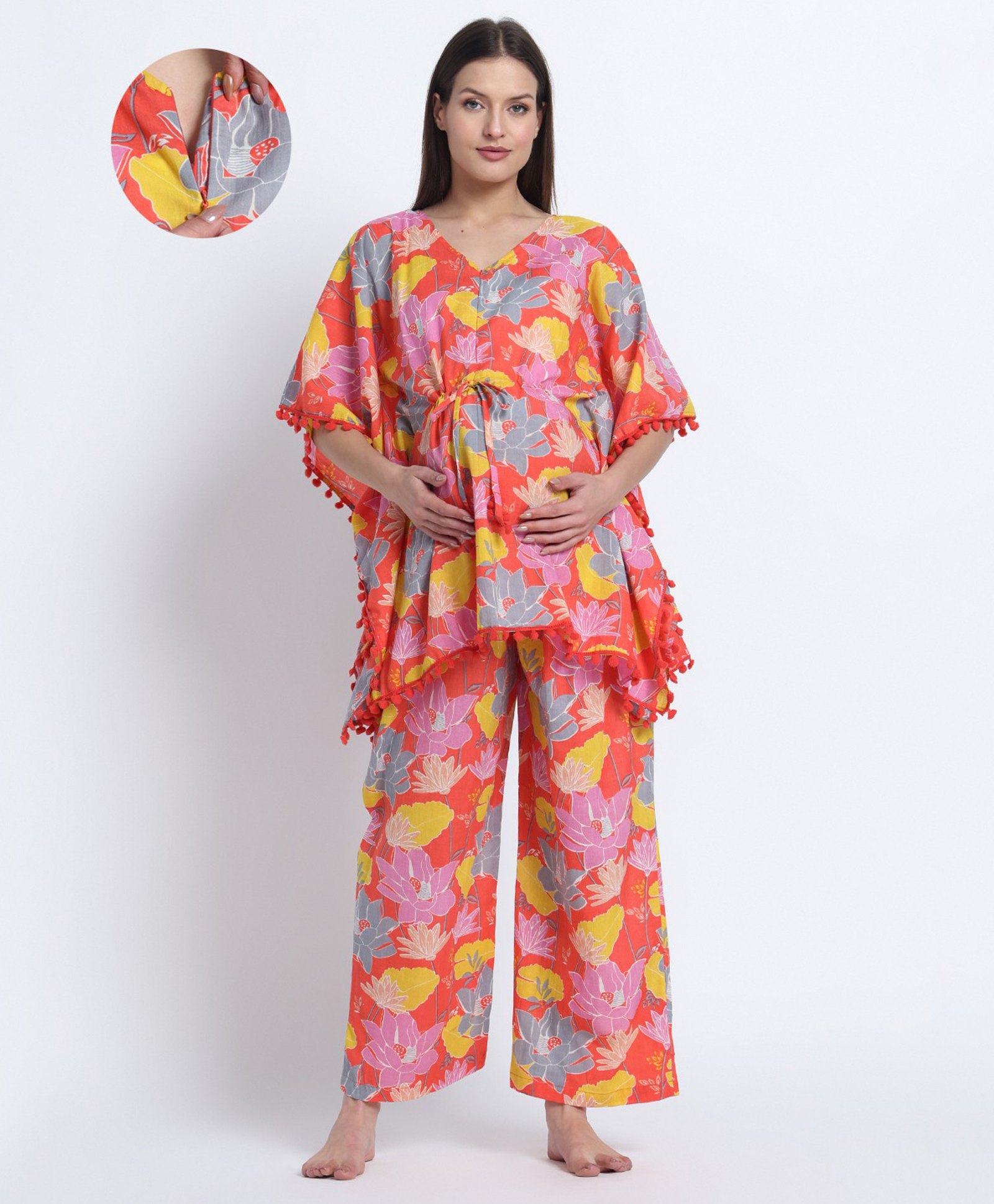 Aujjessa Cotton Woven Half Batwing Sleeves Floral Printed & Lace Detailed Maternity Night Suit Set With Front Zipper Nursing Access - Peach & Multi Colour-image-34