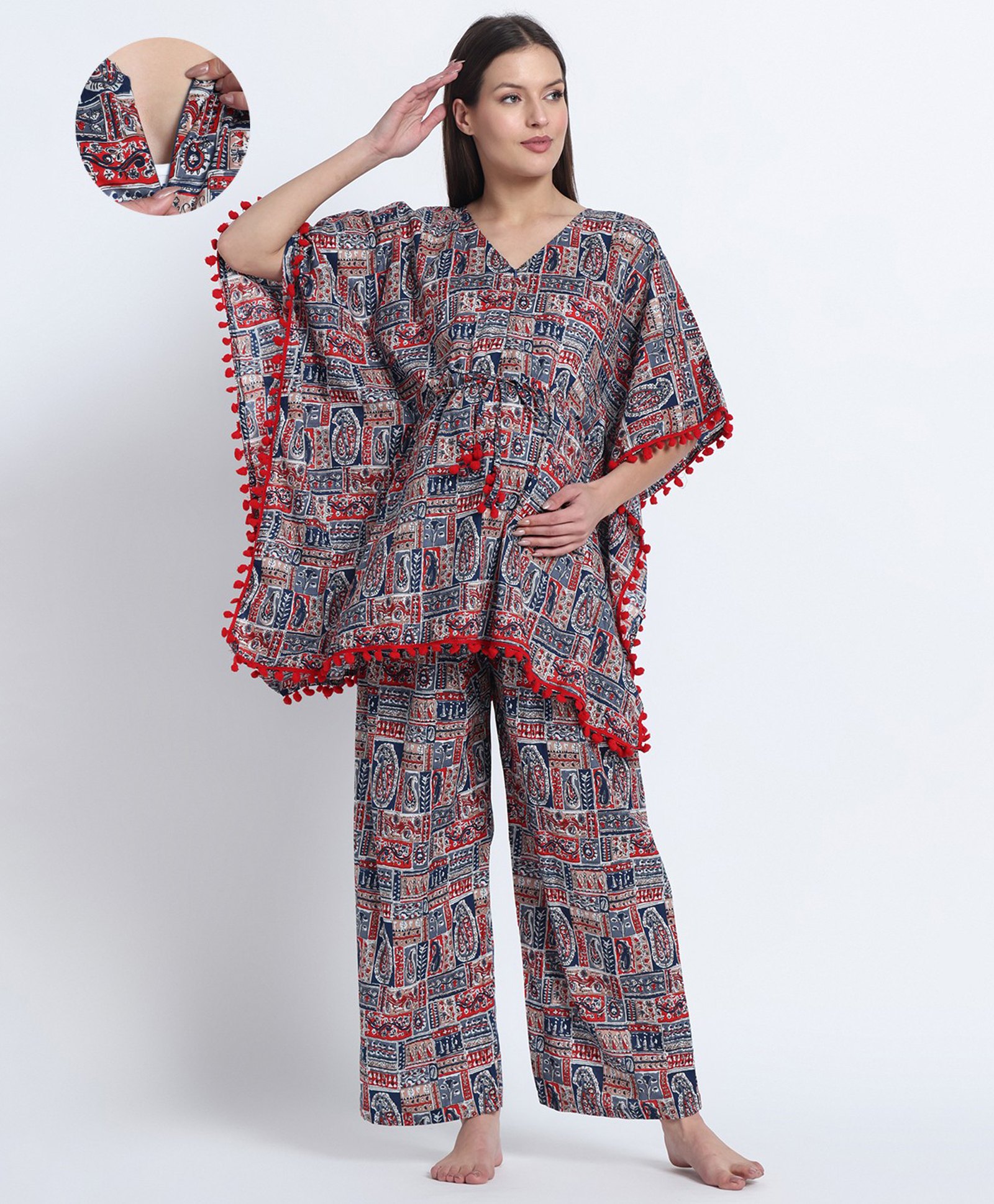 Aujjessa Cotton Woven Half Batwing Sleeves Paisleys Printed & Lace Detailed Maternity Night Suit Set With Front Zipper Nursing Access - Indigo & Red-image-39