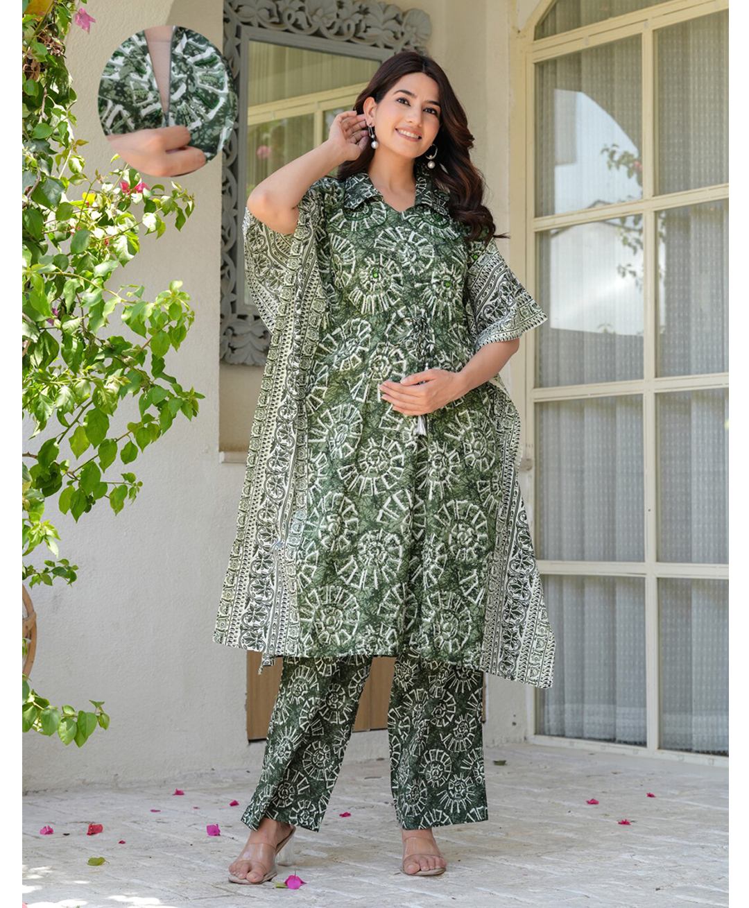Aujjessa Cotton Woven Half Batwing Sleeves Sea Shells Printed Maternity Kurti With Front Open Nursing Access & Coordinating Pant Set - Olive Green-image-44