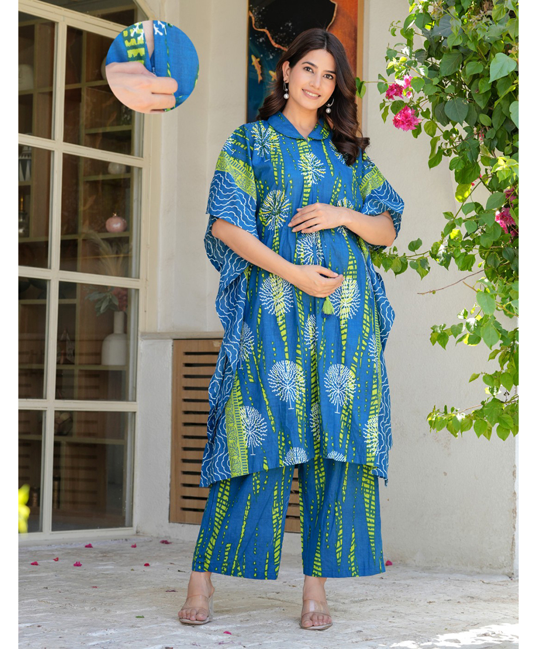 Aujjessa Cotton Woven Half Batwing Sleeves Abstract Printed Maternity Kurti With Front Open Nursing Access & Coordinating Pant Set - Blue & Green-image-44