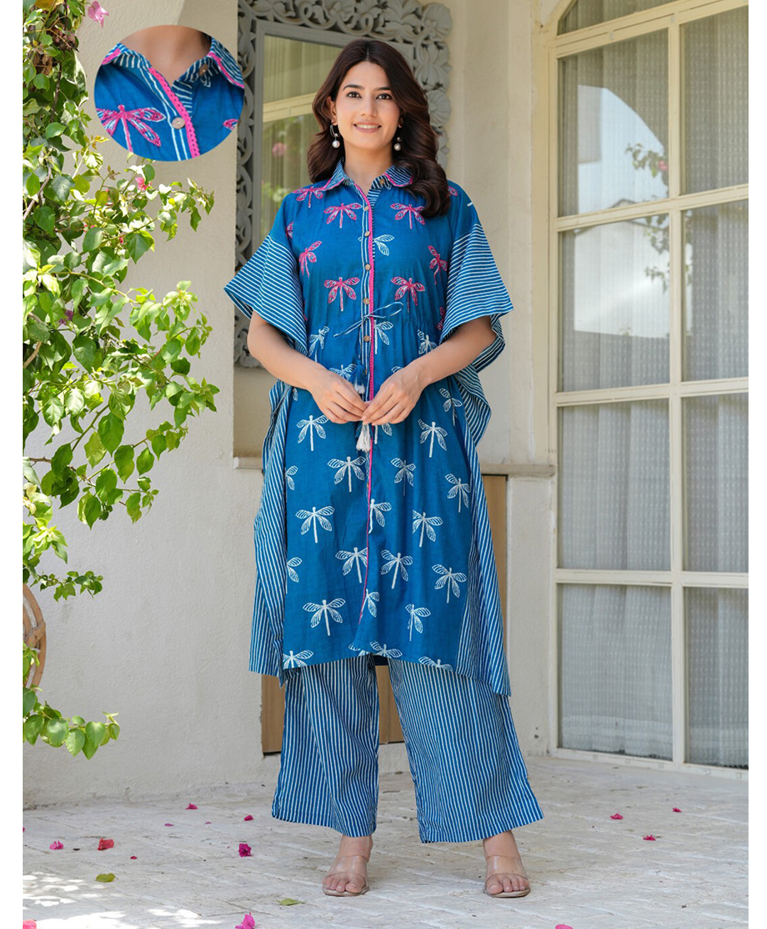 Aujjessa Cotton Woven Half Batwing Sleeves Dragonflies Printed Maternity Kurti With Front Open Nursing Access & Coordinating Pant Set - Indigo Blue-picture-23