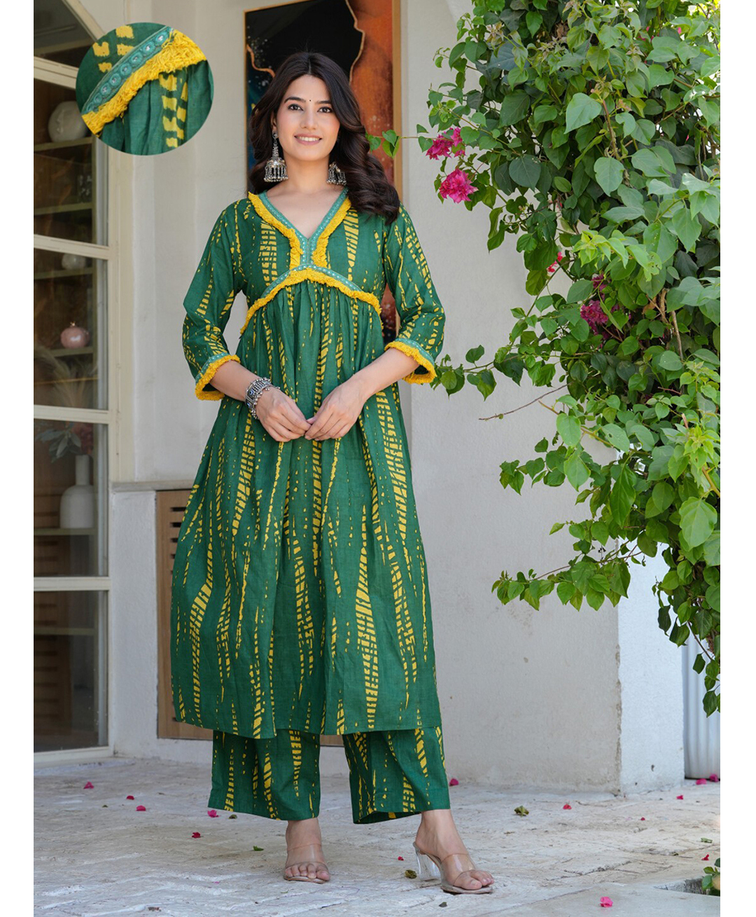 Aujjessa Cotton Woven Three Fourth Sleeves Abstract Printed Maternity Kurti With Side Seam Nursing Access & Coordinating Pant Set - Bottle Green-picture-16