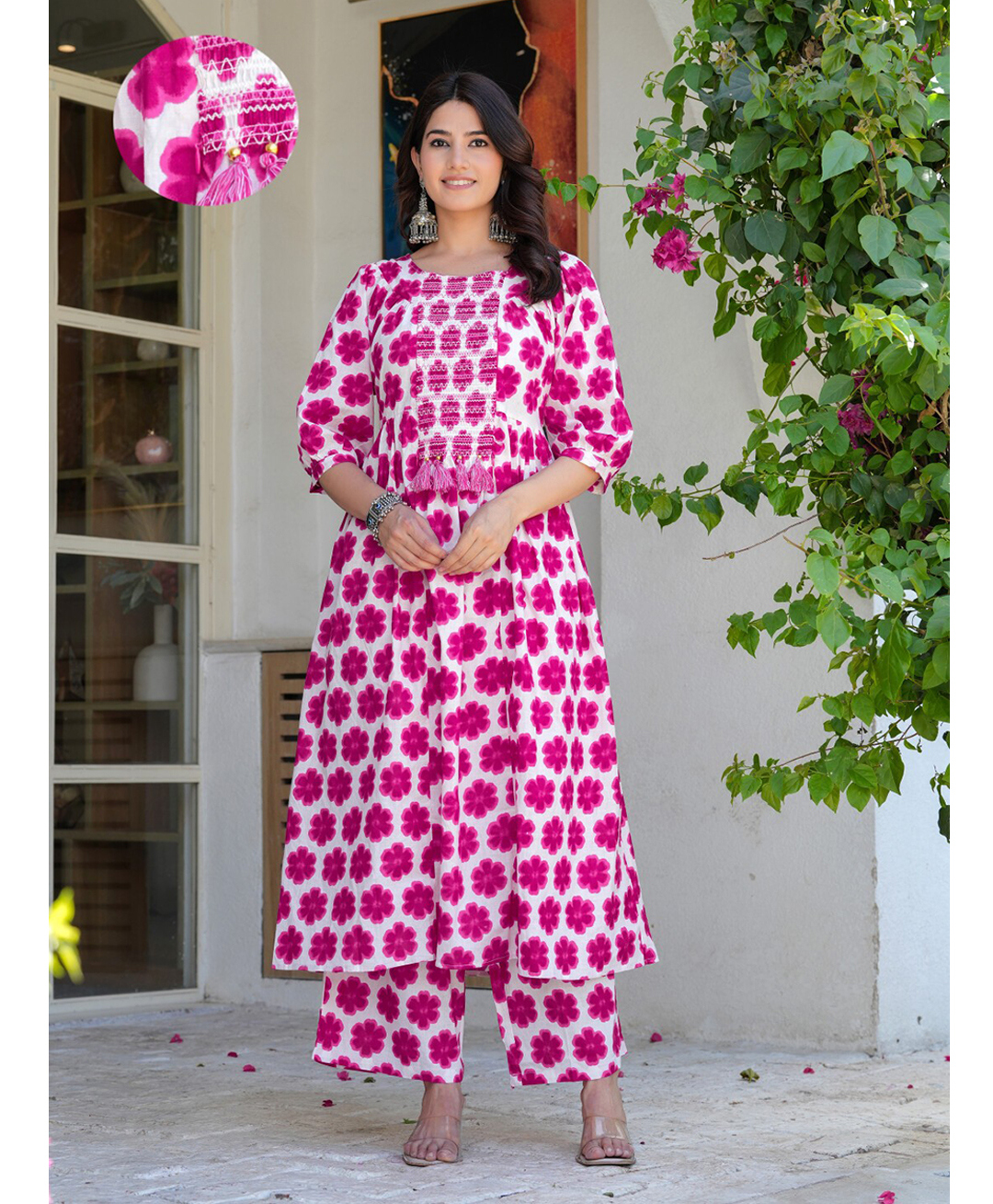 Aujessa Cotton Woven Three Fourth Sleeves Floral Printed Maternity Kurti With Side Seam Nursing Access & Coordinating Pant Set - Fuchsia-image-31