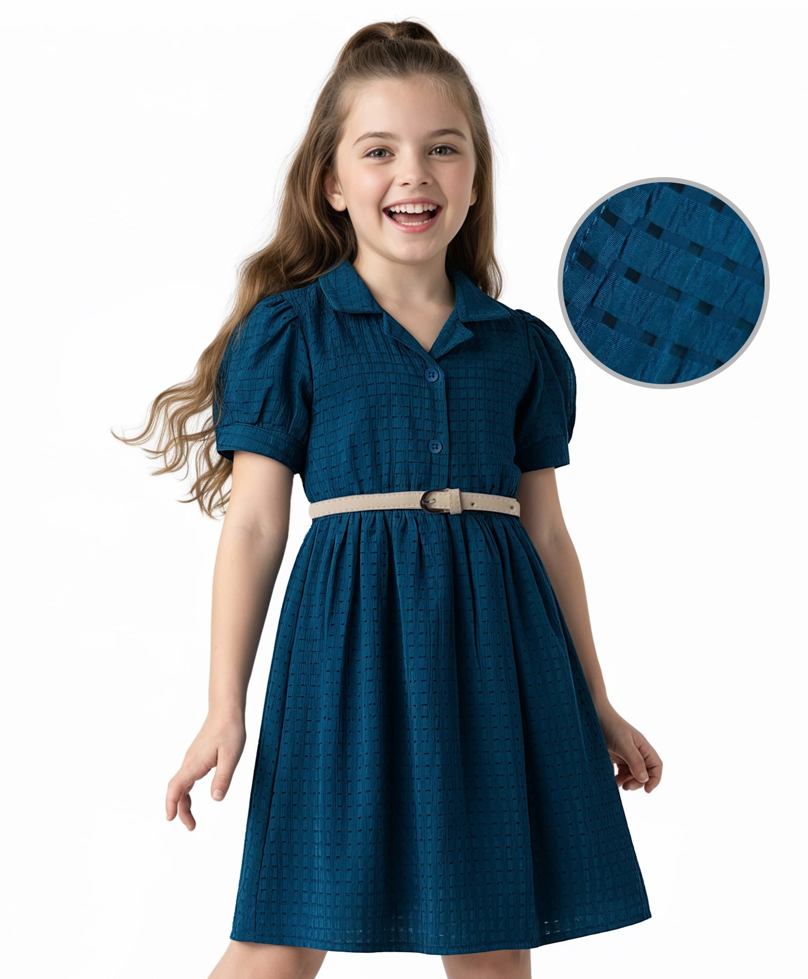 Hola Bonita Woven Texture Half Sleeve Texture Solid Frock with Belt - Teal Blue-image-34
