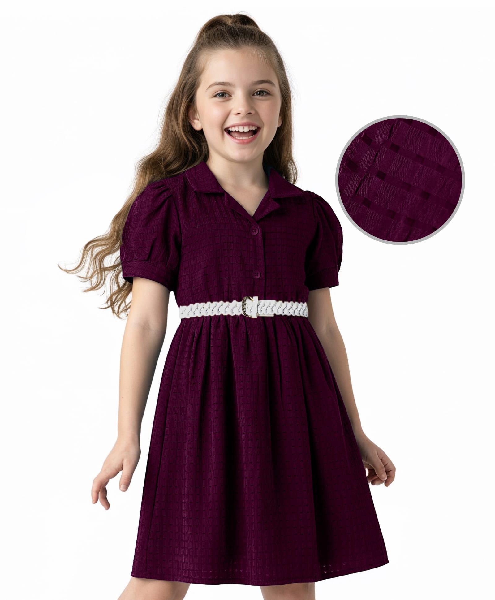 Hola Bonita Woven Texture Half Sleeve Texture Solid Frock with Belt - Wine-image-39