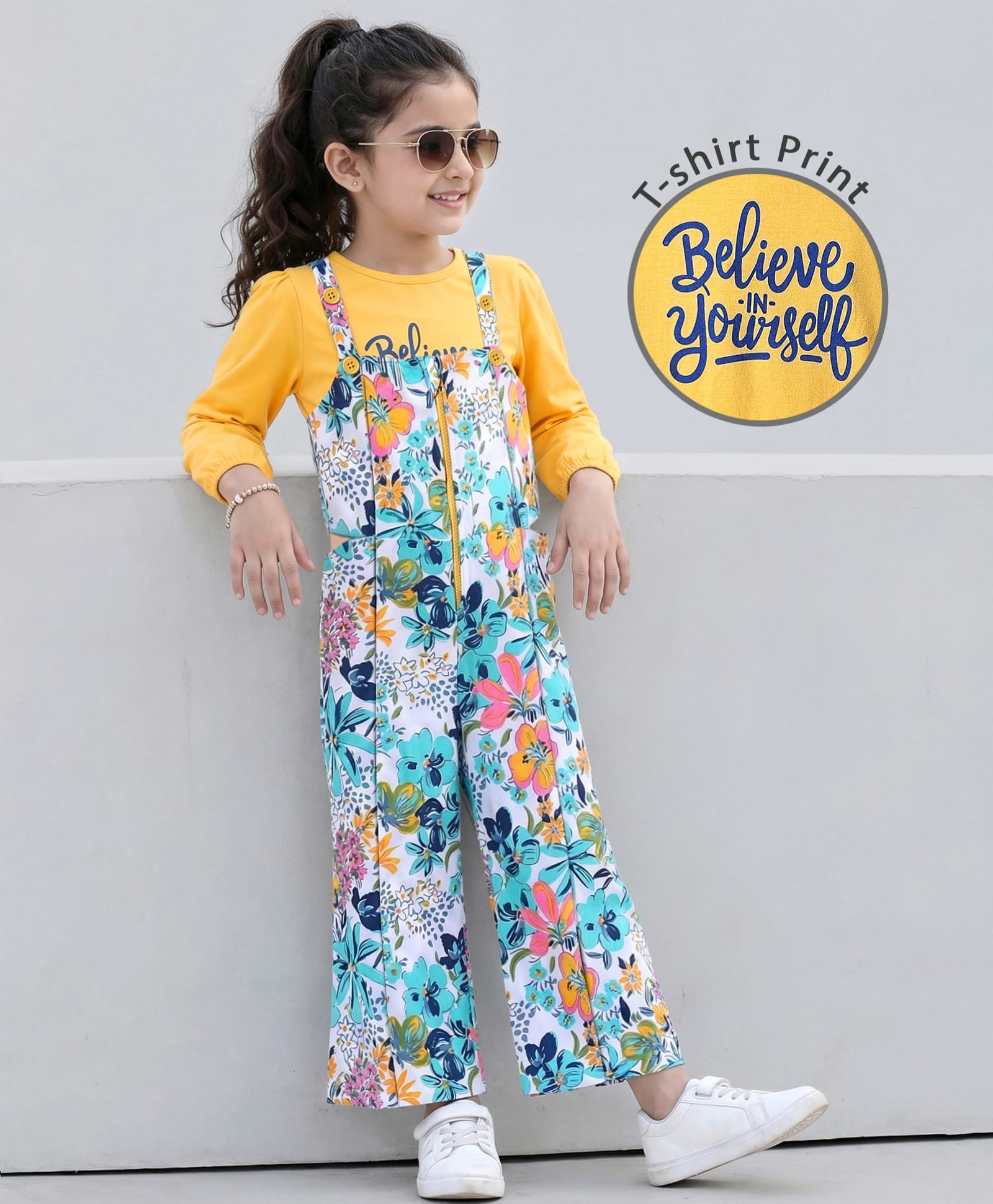 OLLINGTON ST. Cotton Full Sleeves Top & Printed Knit Dungaree- Yellow & Multicolor-picture-21
