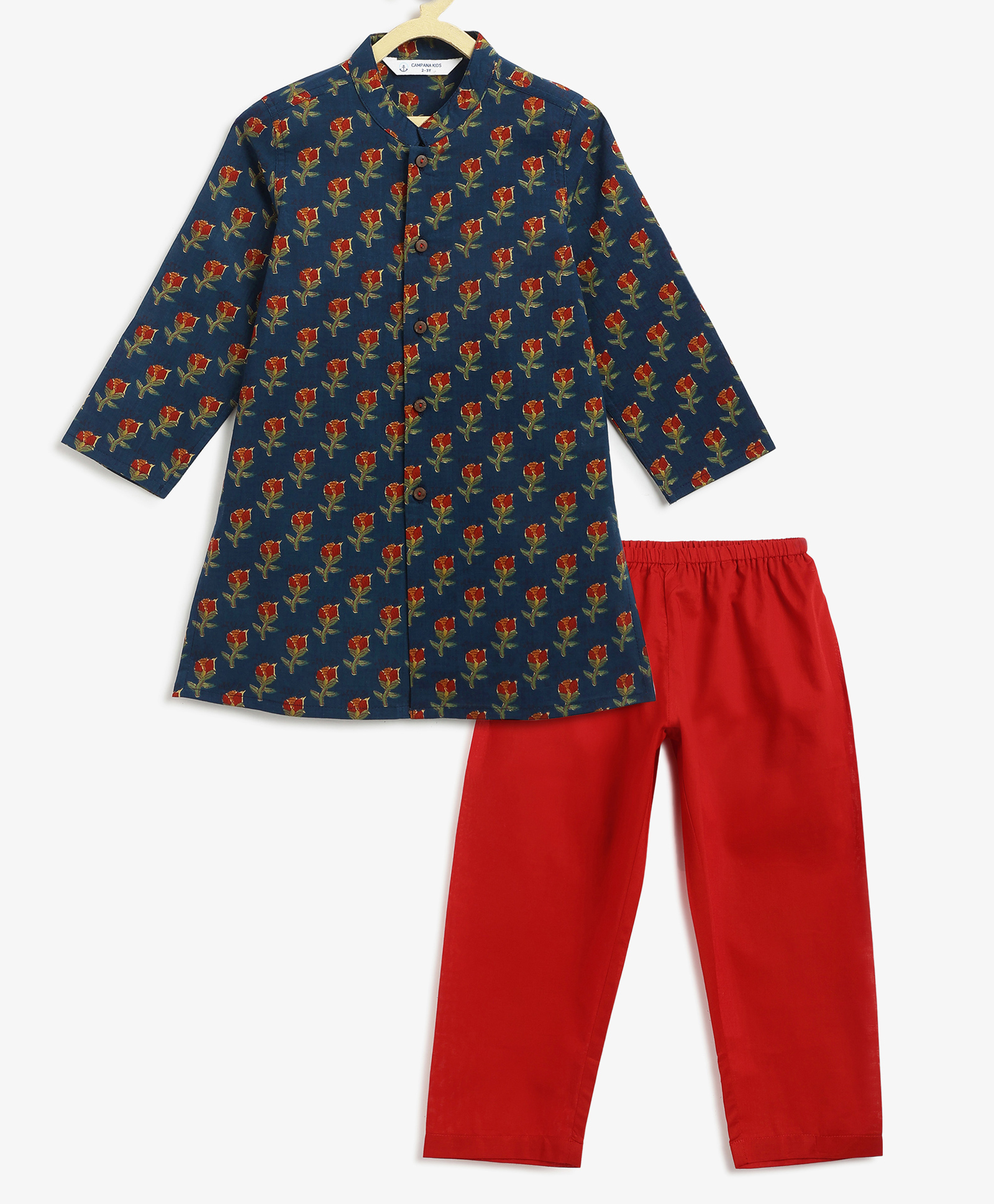 Campana 100% Cotton Woven Full Sleeves Floral Printed Kurta Pyjama Set - Navy Blue & Maroon-image-23