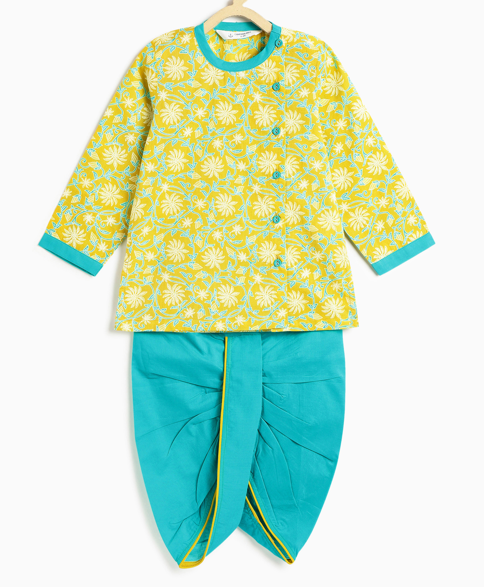 Campana 100% Cotton Woven Full Sleeves Floral Printed Dhoti Kurta Set - Lime & Turquoise-image-17