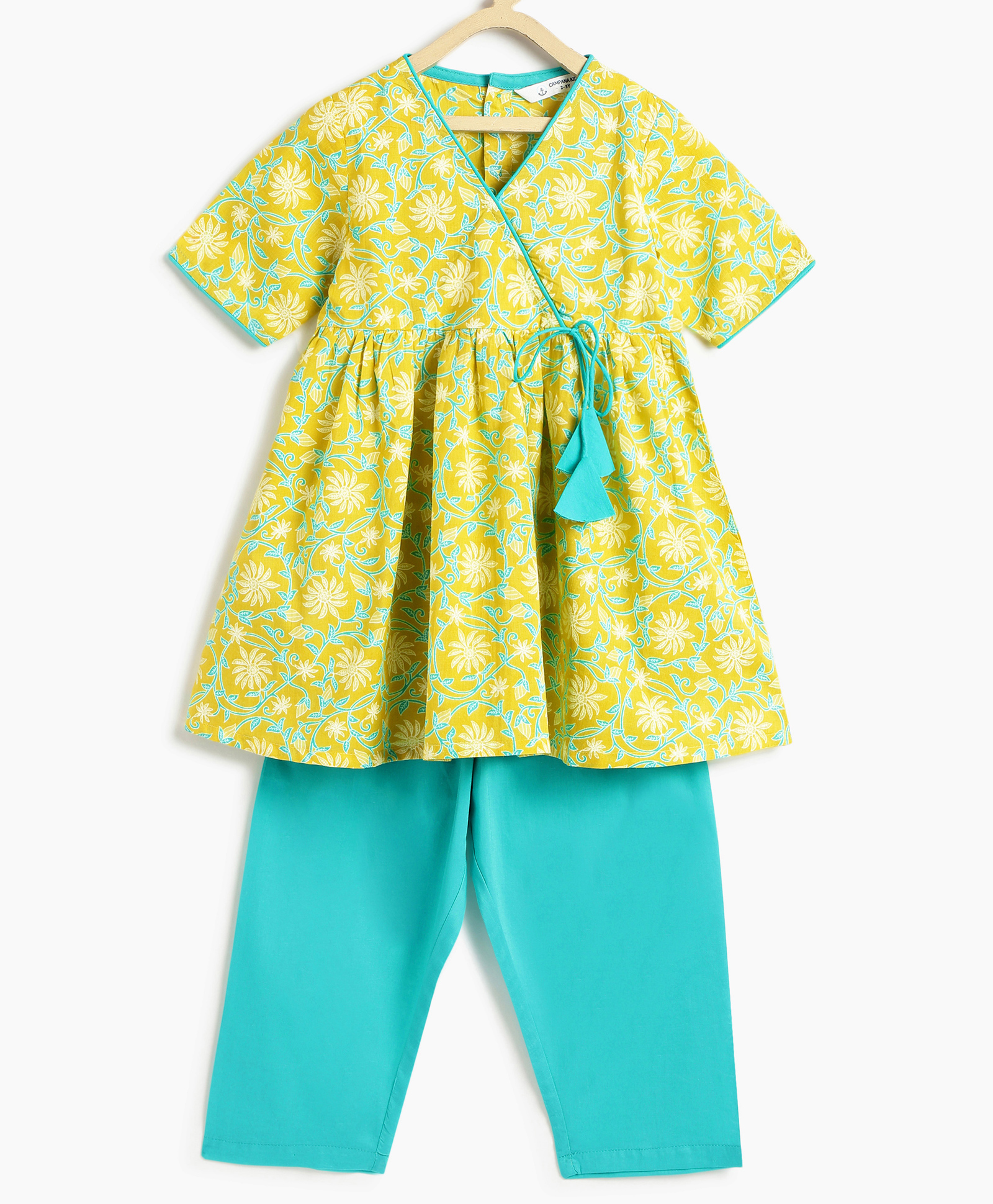 Campana 100% Cotton Woven Half Sleeves Floral Printed Kurti Pant Set - Lime & Turquoise-picture-43