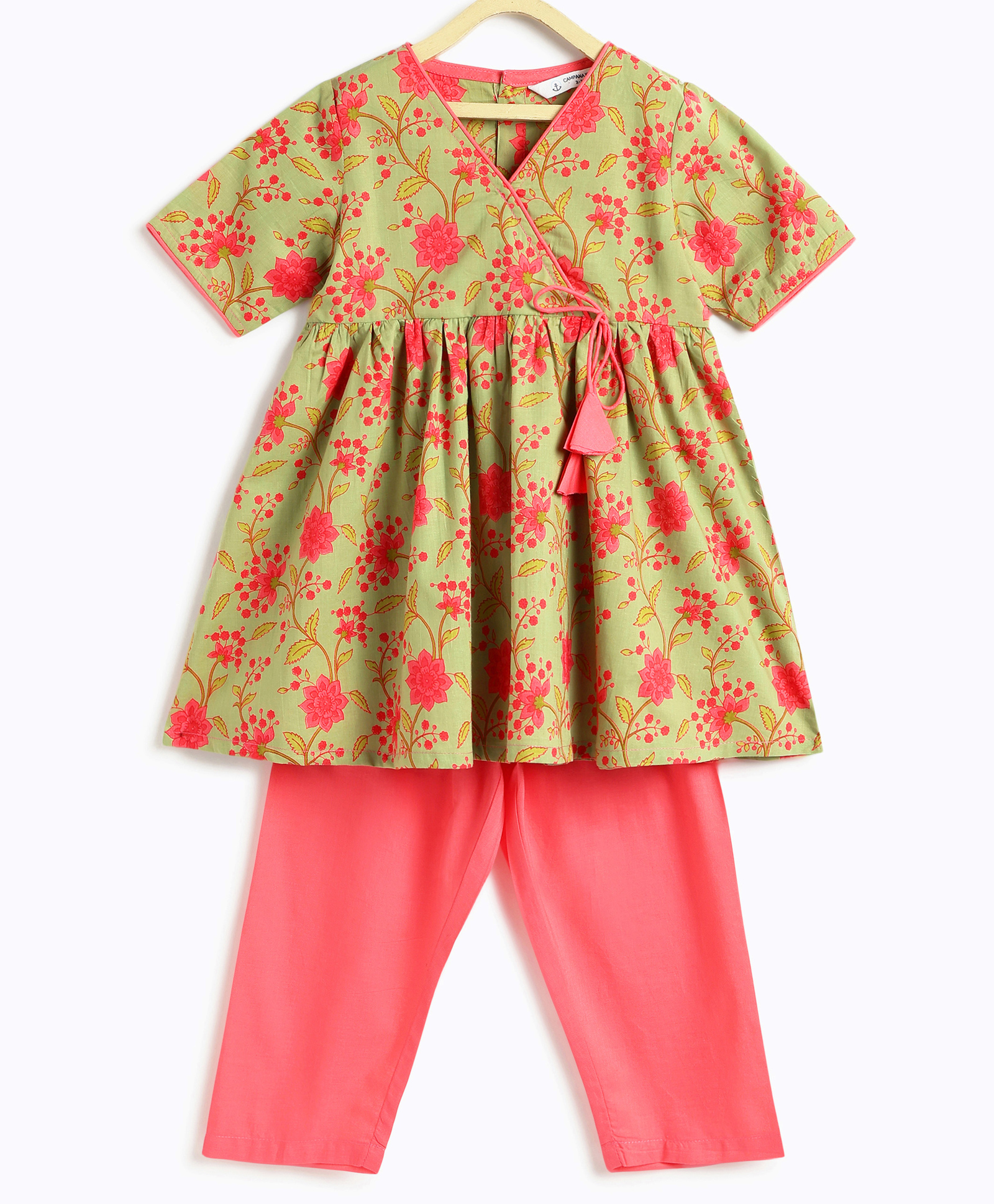 Campana 100% Cotton Woven Half Sleeves Floral Printed Kurti Pant Set - Green & Peach-picture-44
