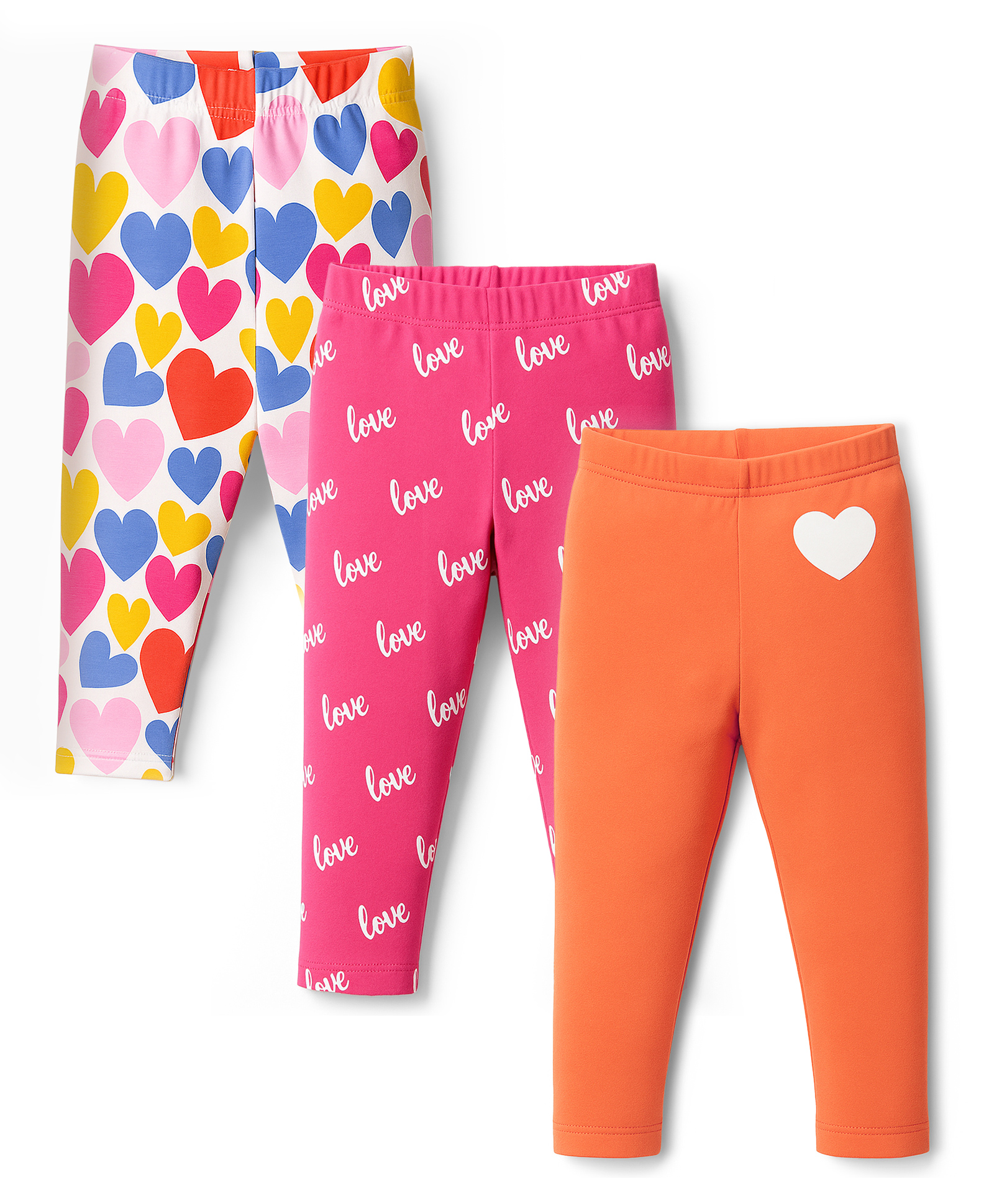 Babyhug Knit Full Length Leggings With Heart & Text Print Pack of 3 - Dark Pink & Orange-picture-25
