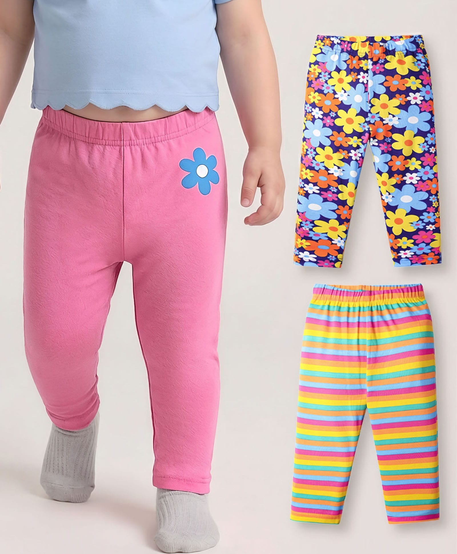 Babyhug Cotton Knit Full Length Leggings With Stripes & Floral Print Pack Of 3 - Pink Navy Blue & Yellow-picture-11