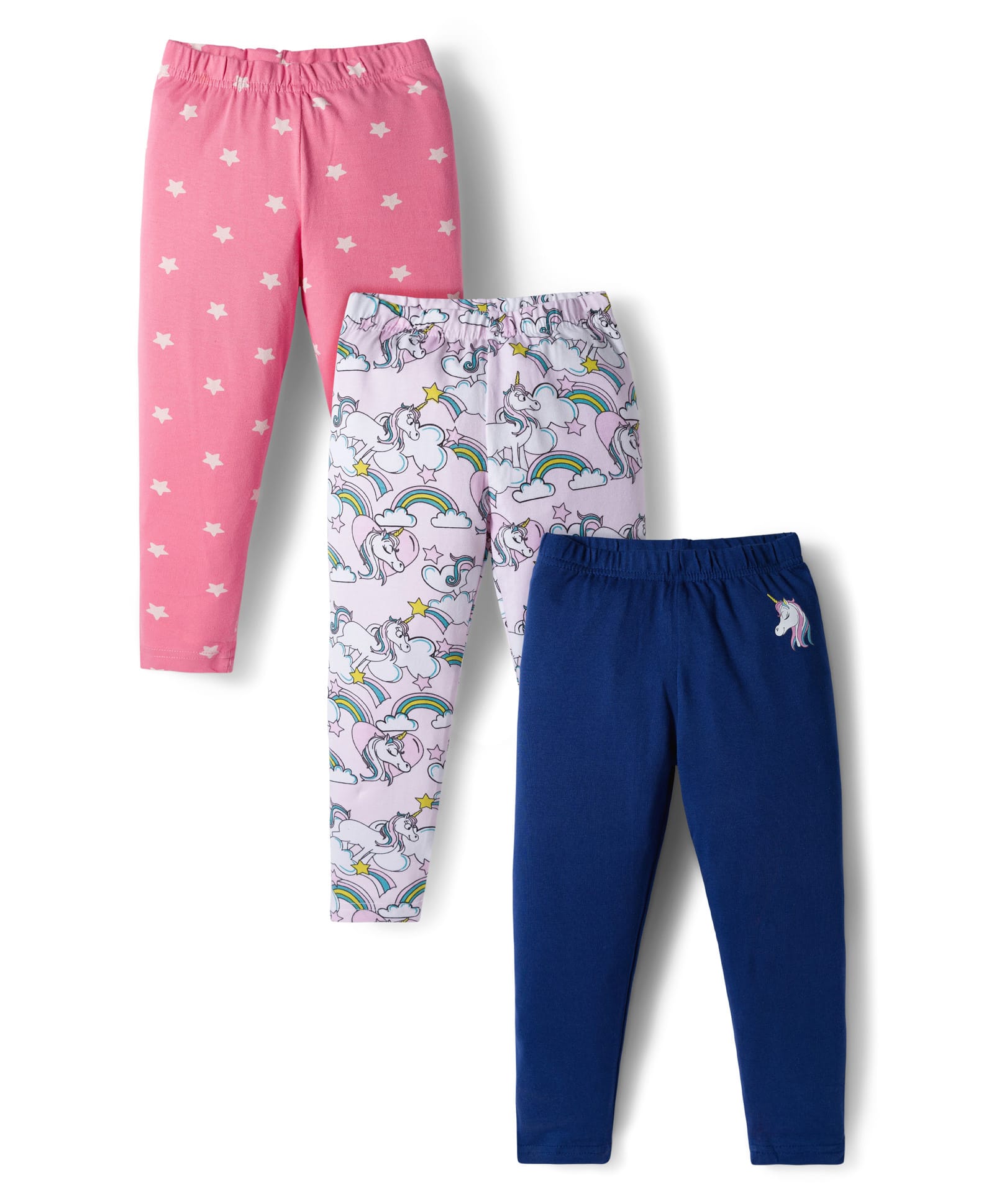 Babyhug Cotton Knit Full Length Leggings With Unicorn & Star Print Pack Of 3 - Navy Blue & Pink-image-10
