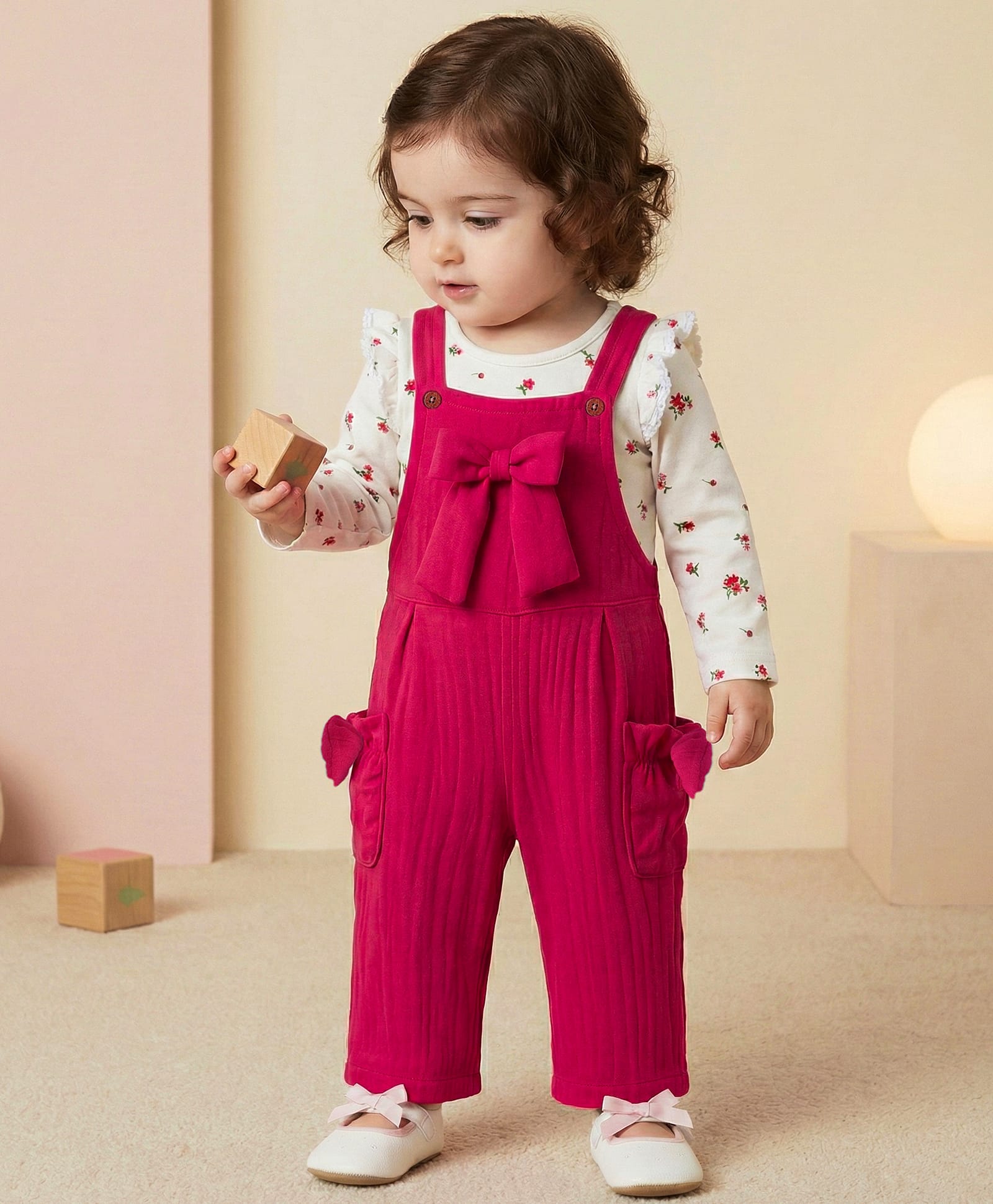 Babyoye 100% Cotton Knit Full Sleeves T-Shirt & Dungaree with Floral Print & Bow Applique - Red & White-picture-17