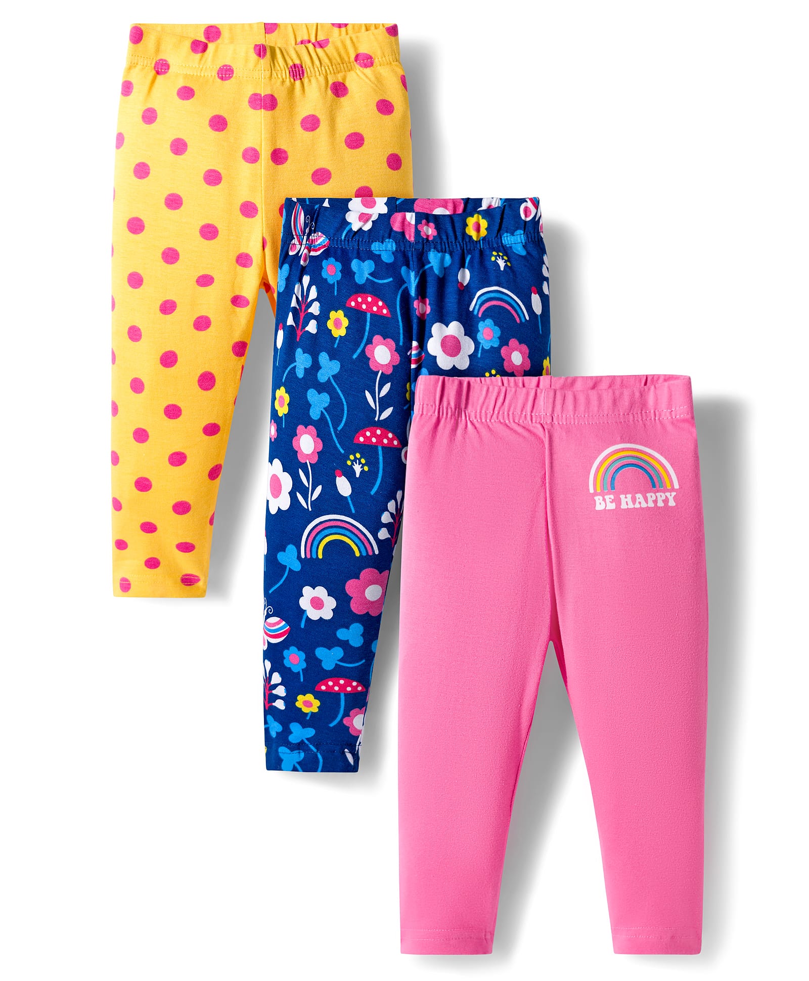 Babyhug Knit Full Length Leggings With Floral Print Pack Of 3 - Pink Yellow & Navy Blue-picture-22