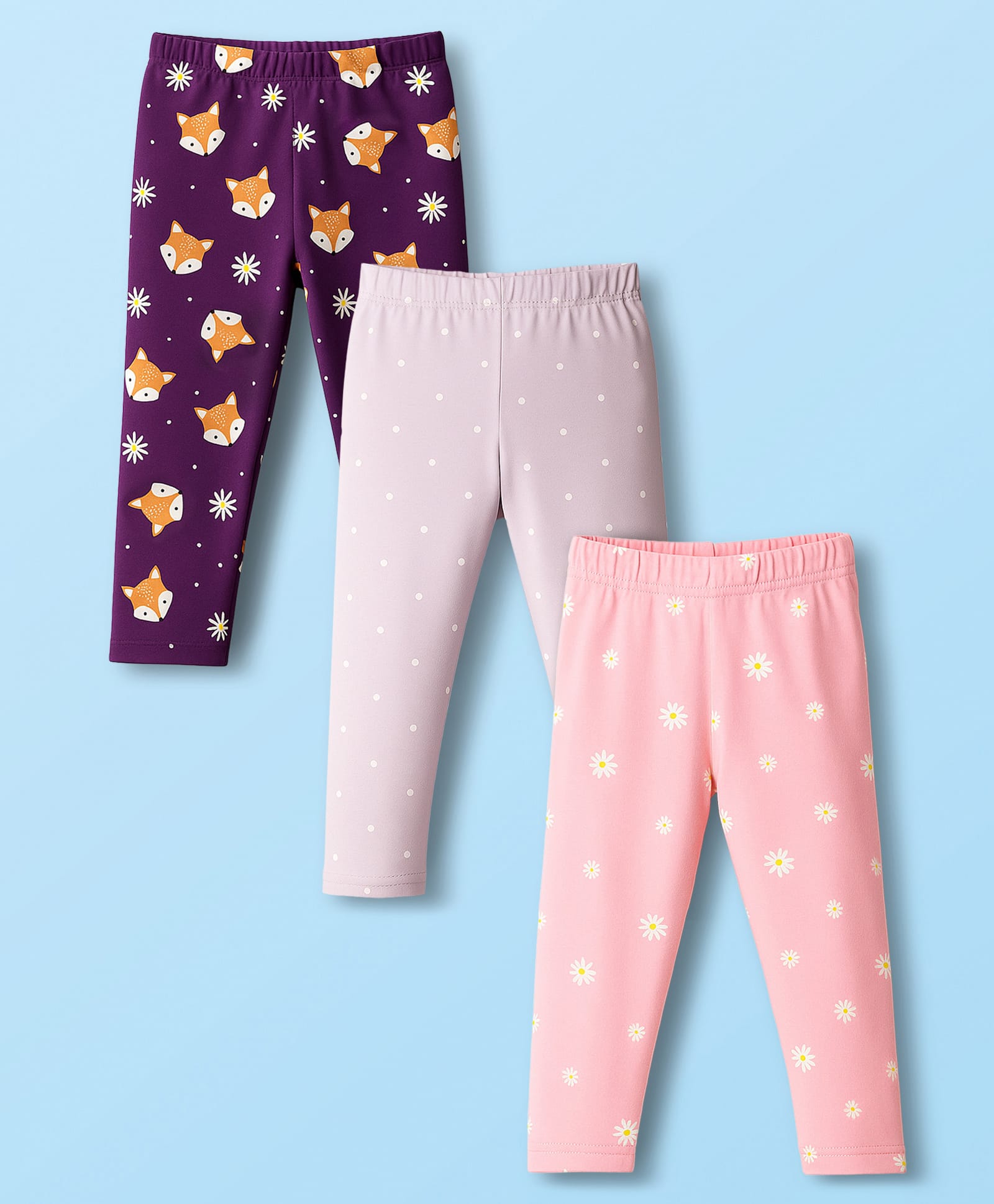 Babyhug Cotton Lycra Knit Full Length Leggings With Animal Floral & Polka Dot Print Pack of 3 - Purple Pink & Lavender-picture-22