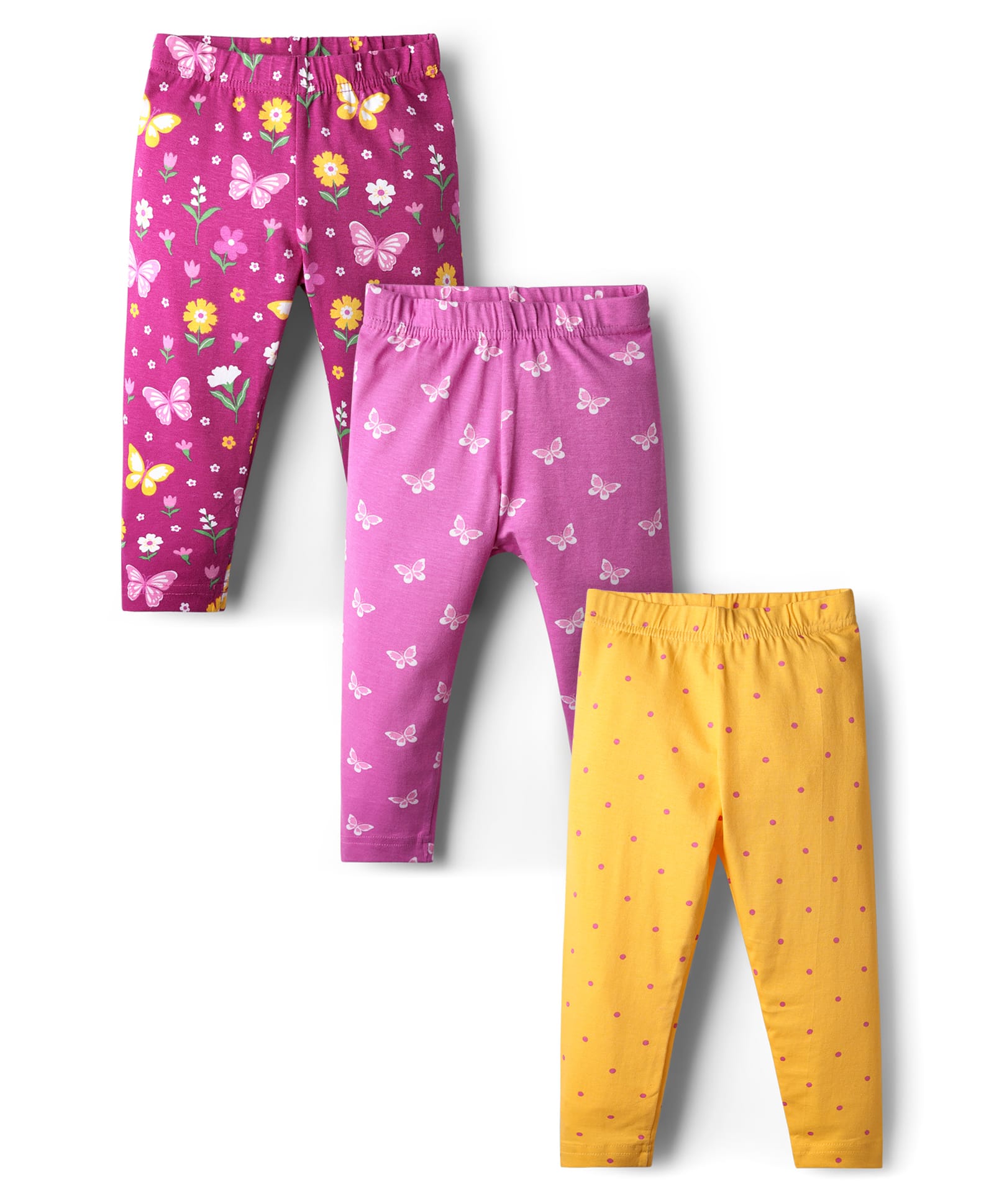 Babyhug Cotton Lycra Knit Leggings with Polka Dots Butterfly & Floral Print Pack of 3 - Pink & Yellow
