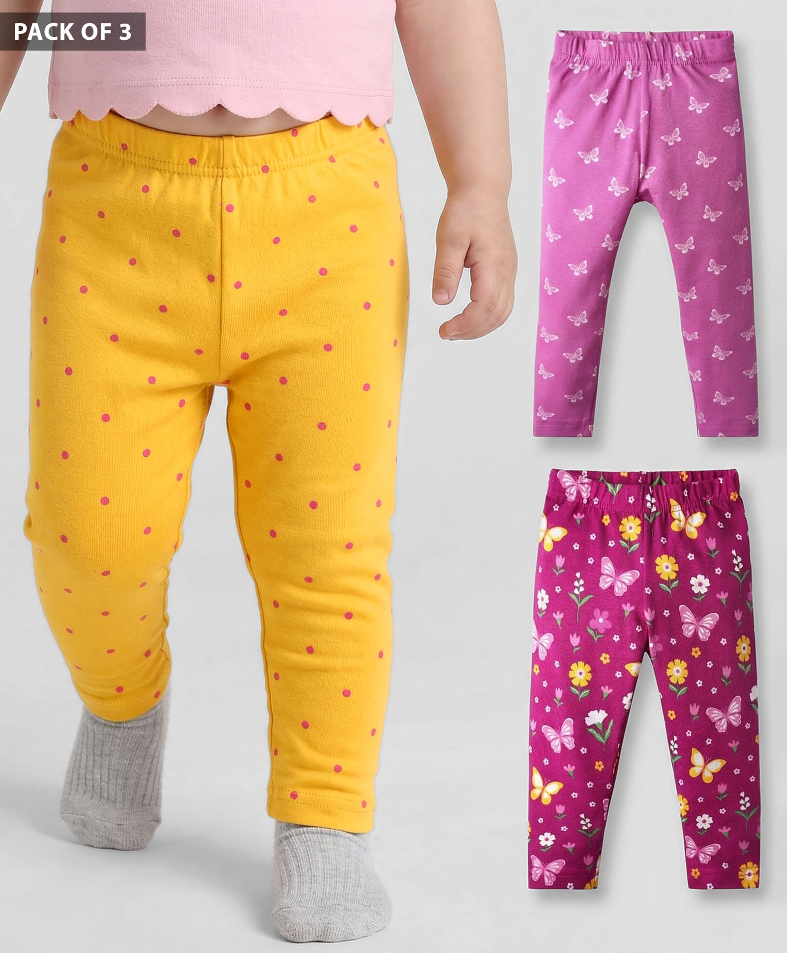 Babyhug Cotton Lycra Knit Leggings with Polka Dots Butterfly & Floral Print Pack of 3 - Pink & Yellow-image-48