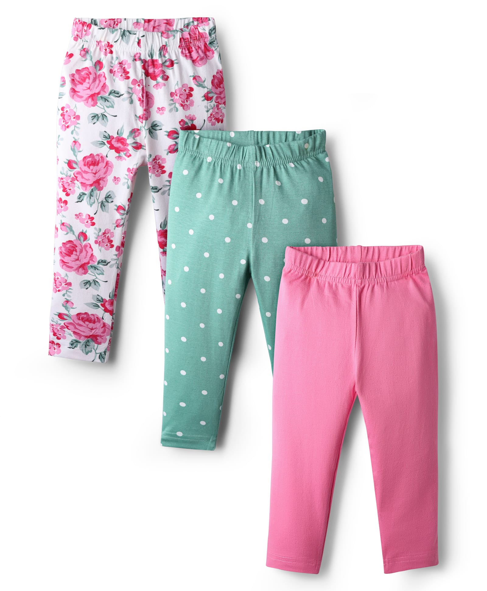 Babyhug Cotton Knit Full Length Legging With Floral & Polka Dot Print Pack Of 3 - Pink White & Light Green