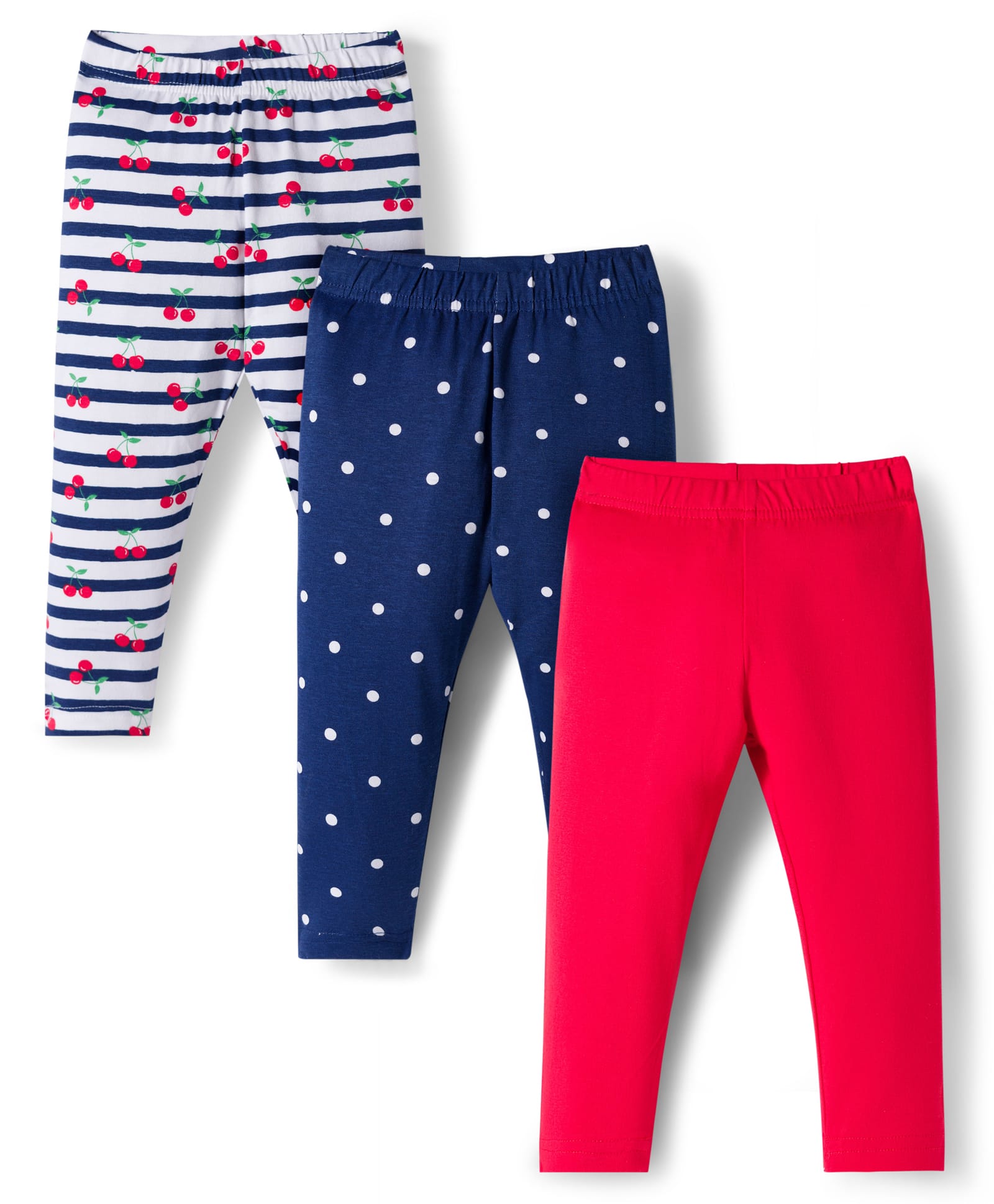 Babyhug Cotton Lycra Knit Full Length Leggings With Stripes & Cherry Print Pack Of 3 - Red & Navy Blue-image-6