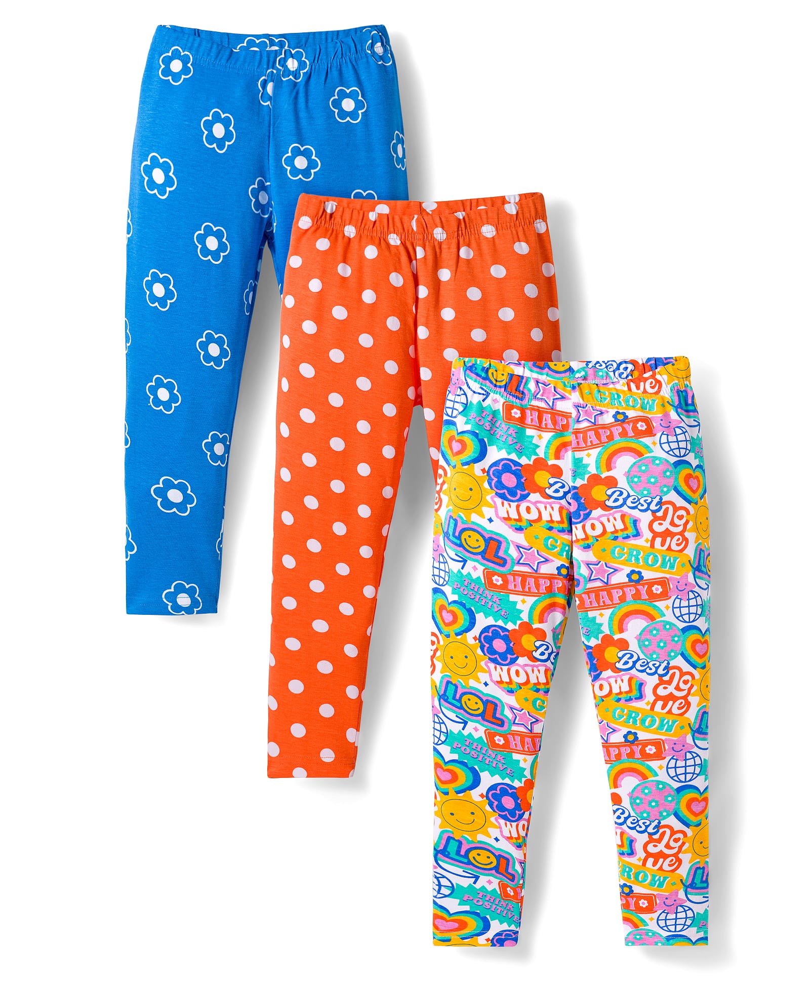 Babyhug Cotton Lycra Knit Full Length Polka Dot & Floral Printed Leggings Pack of 3 - Blue Orange & White-image-48
