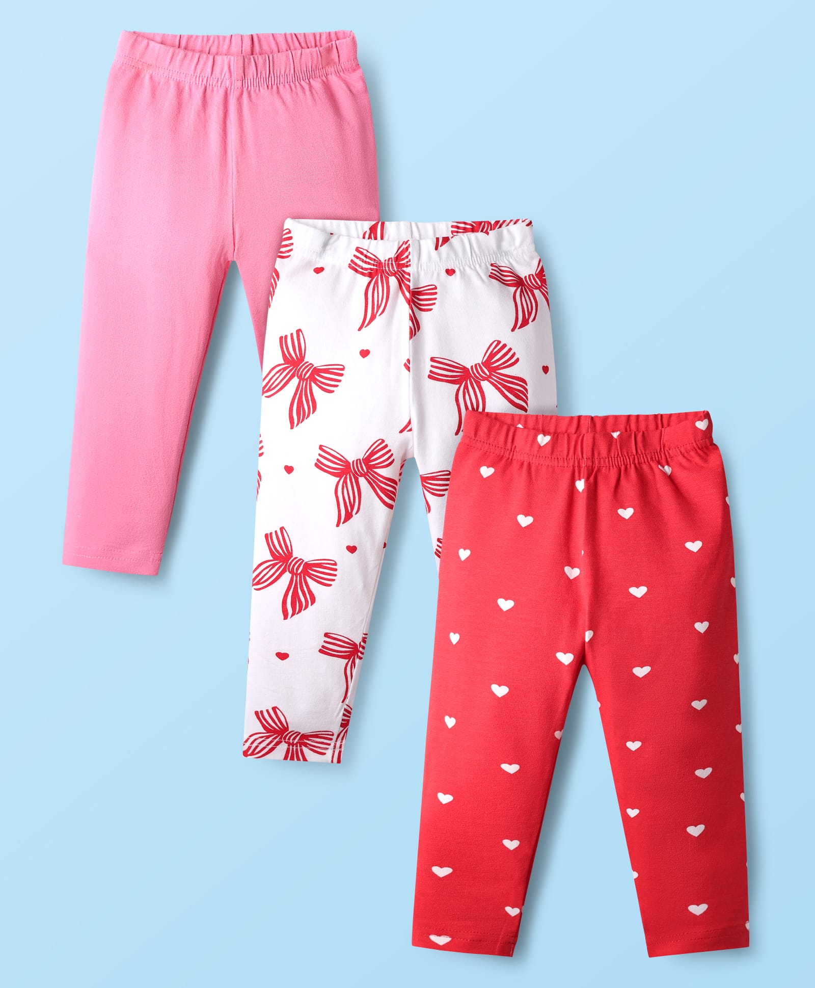 Babyhug Cotton Knit Full Length Leggings With Floral Print Pack Of 3 - Pink Red & White-picture-28