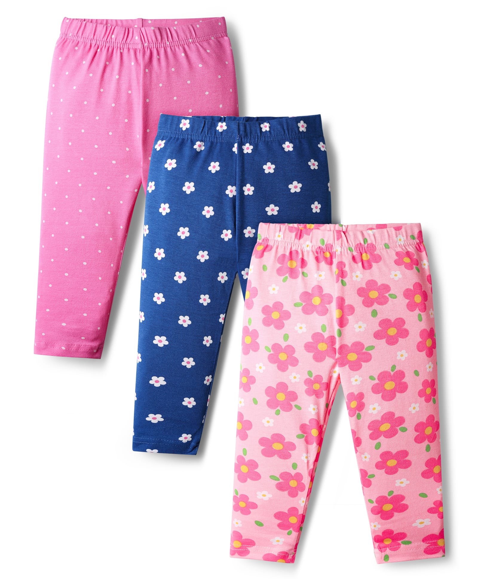 Babyhug Cotton Knit Full Length Leggings With Floral Print Pack Of 3 - Pink & Navy Blue-picture-24