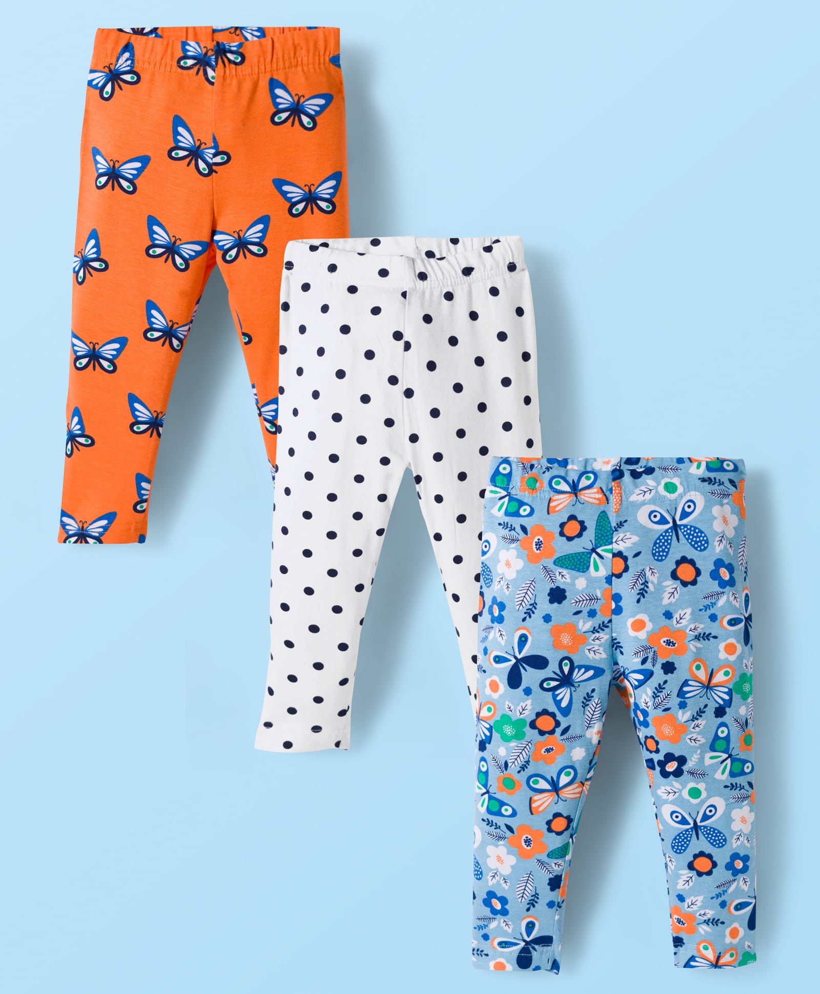 Babyhug Cotton Lycra Knit Full Length Butterfly & Polka Dot Printed Leggings Pack of 3 - Orange Blue & White-image-30
