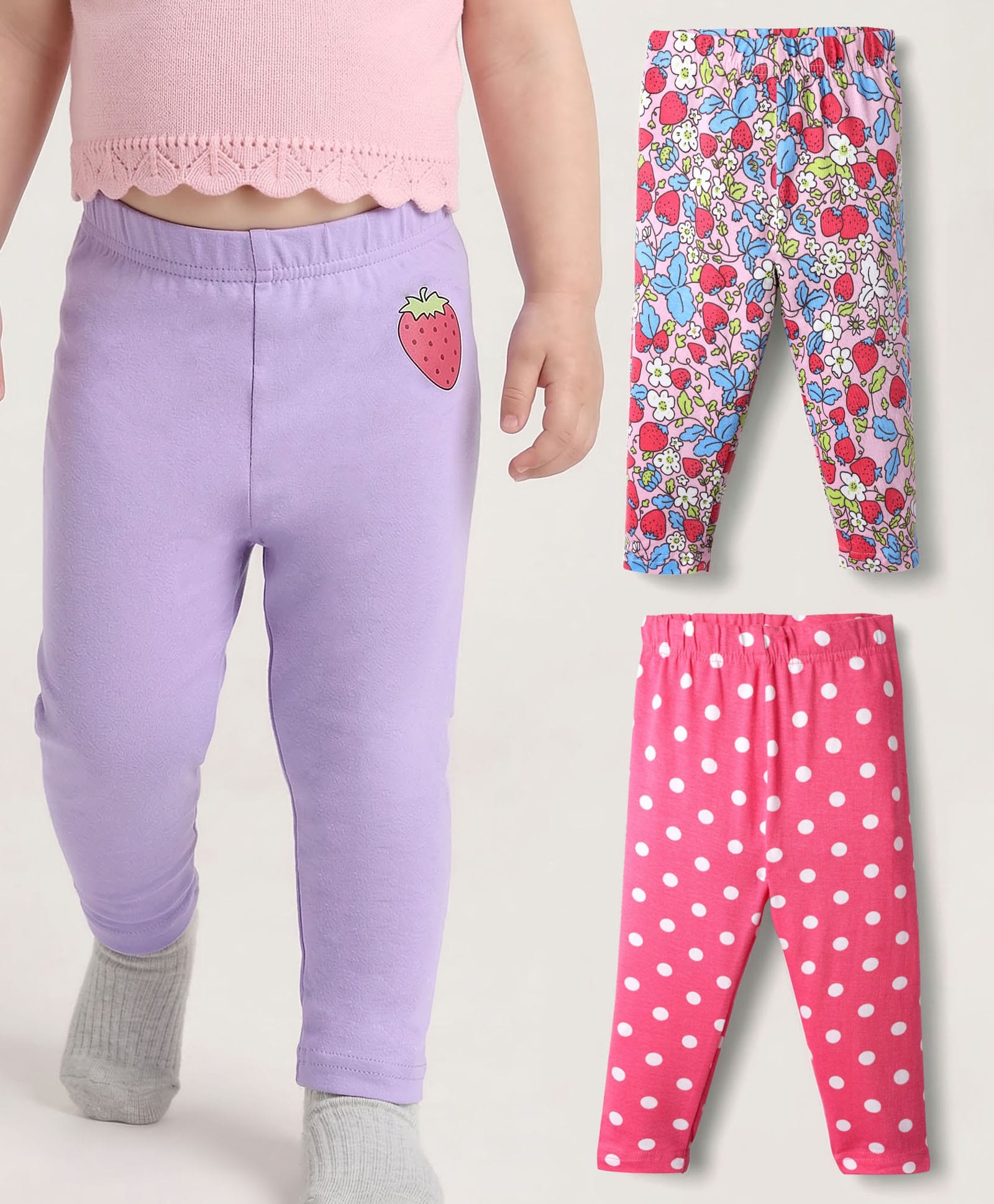 Babyhug Cotton Knit Full Length Leggings With Floral & Polka Dots Pack Of 3 - Pink & Purple-picture-16