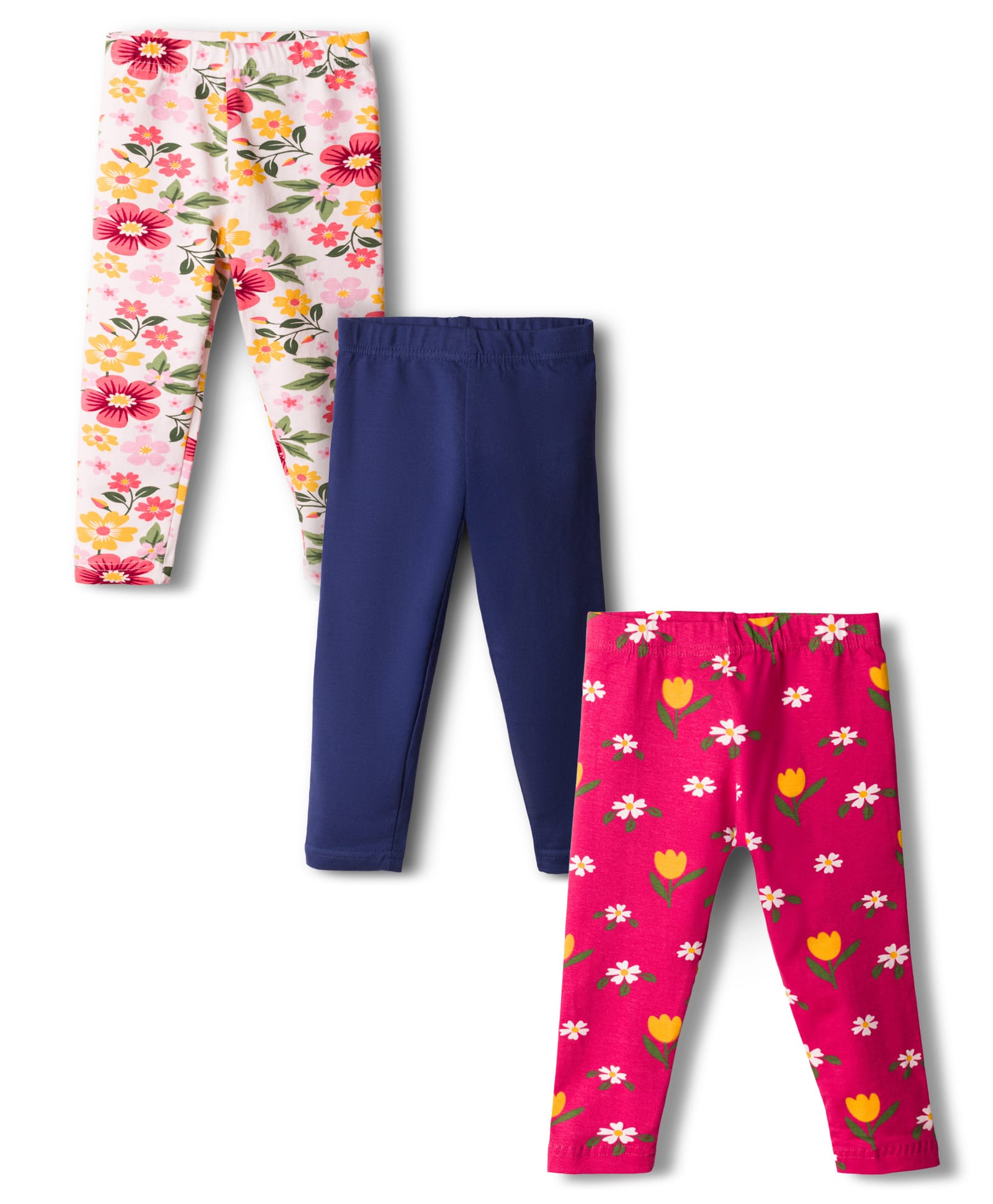 Babyhug Cotton Lycra Knit Full Length Floral Printed Leggings Pack of 3 - Navy Blue Pink & White-picture-20