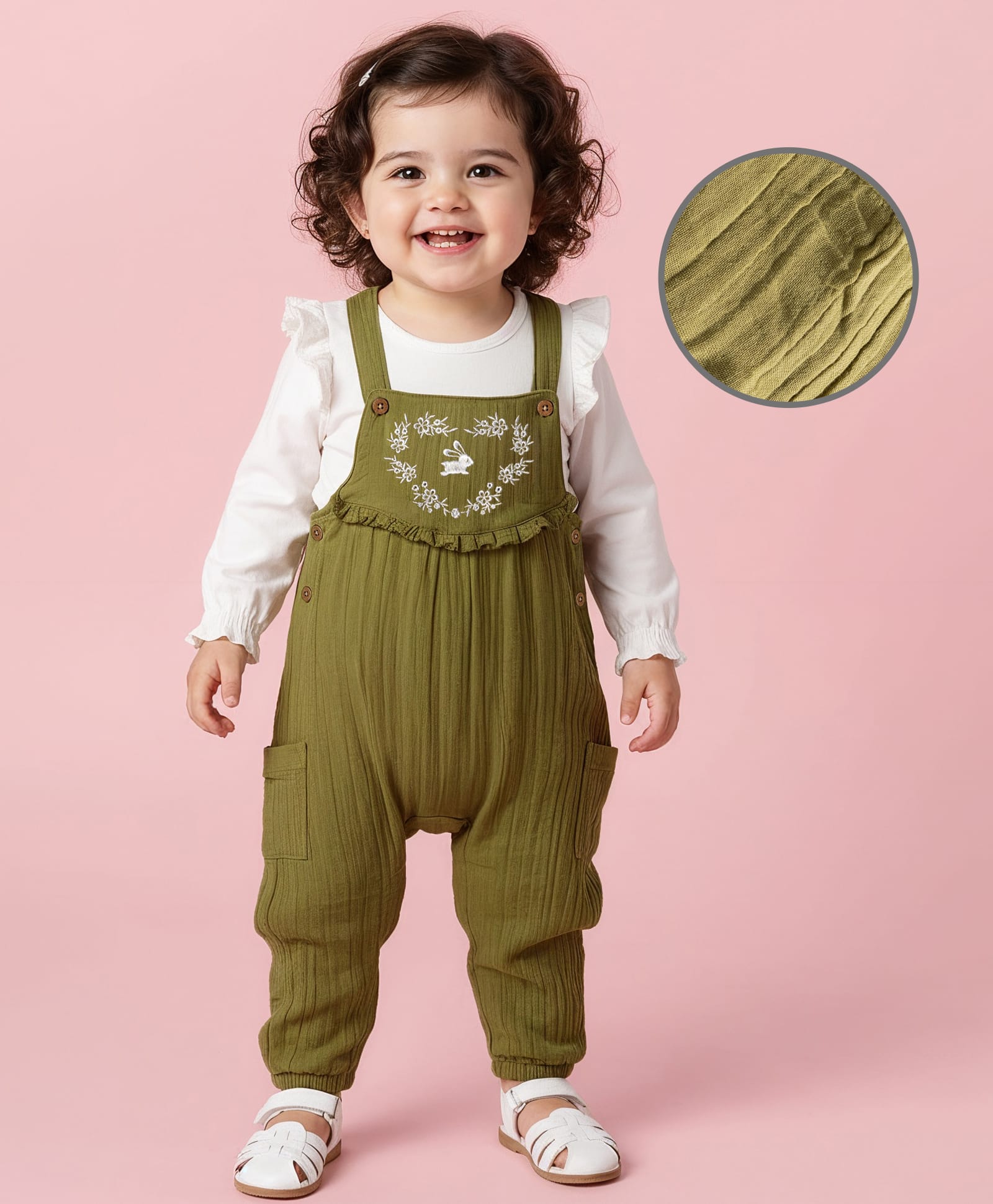 Babyoye 100% Cotton Woven Floral & Bunny Embroidered Dungaree with Full Sleeves Inner Tee - Green-image-12