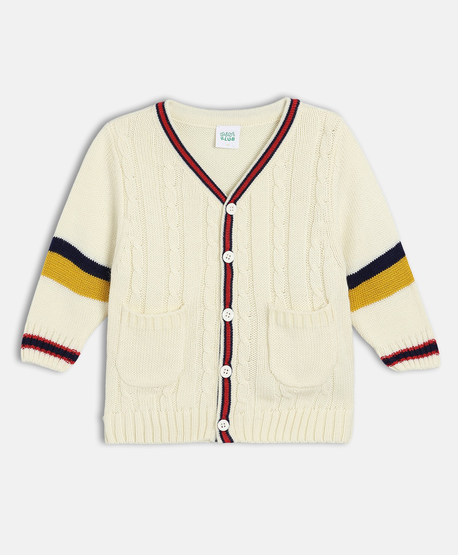 MINI KLUB Cotton Knit Full Sleeves Placement Striped & Cable Knit Designed Cardigan - White-picture-24