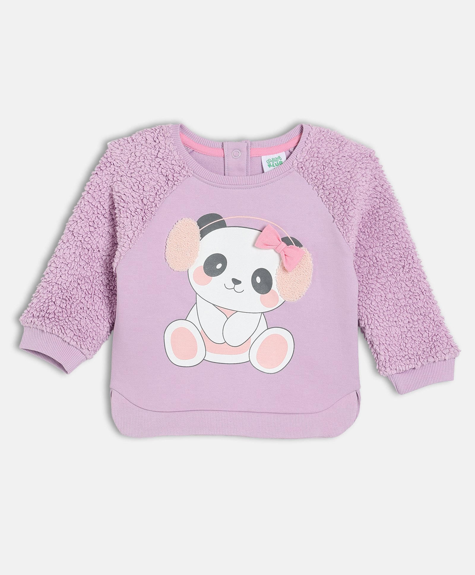 MINI KLUB Cotton Knit Full Raglan Sleeves Panda Printed Bow Applique & Fur Detailed Light Winter Sweatshirt - Purple-picture-5