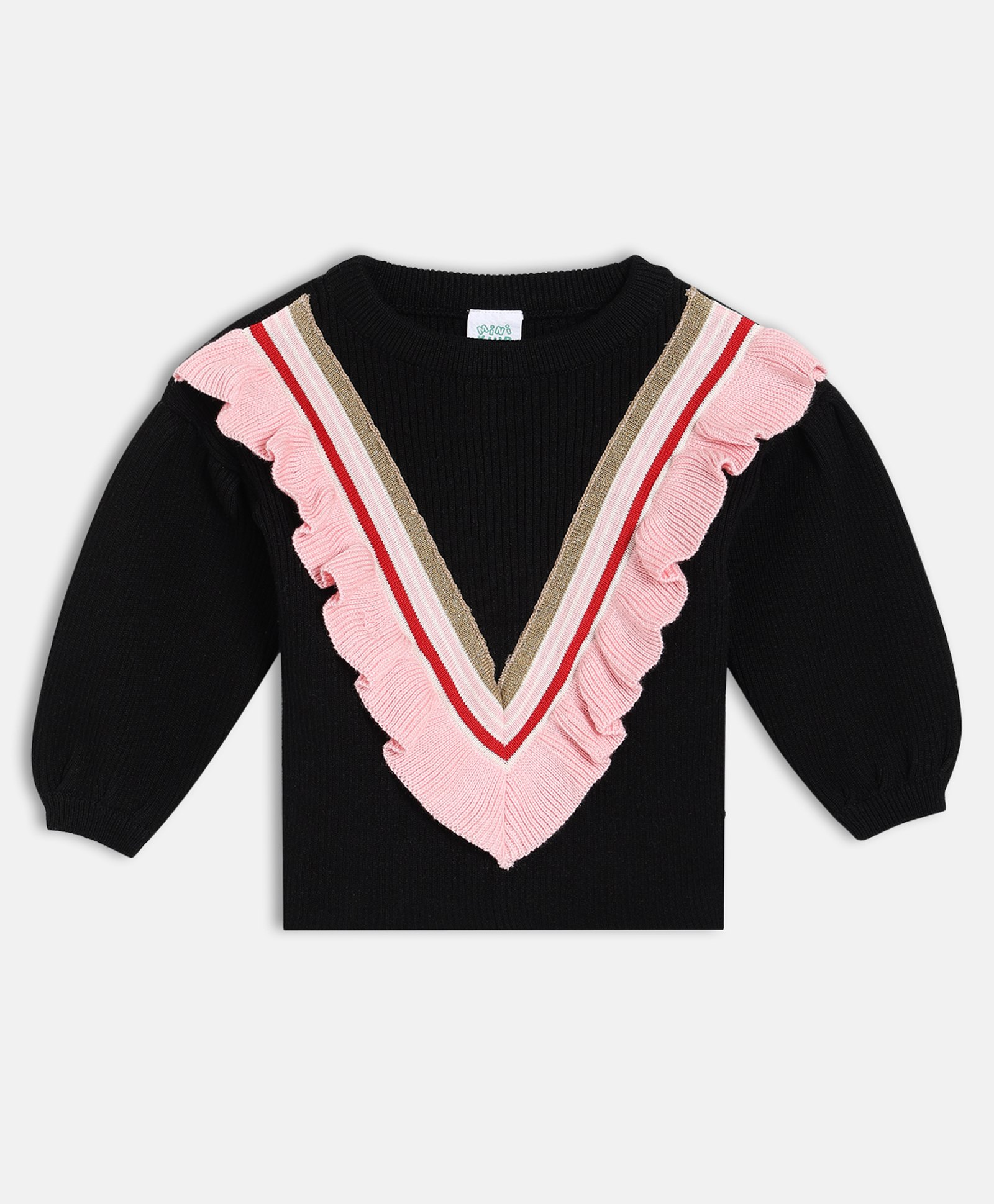 MINI KLUB Cotton Knit Full Sleeves Ribbed & Frill Detailed Sweater - Black-picture-19