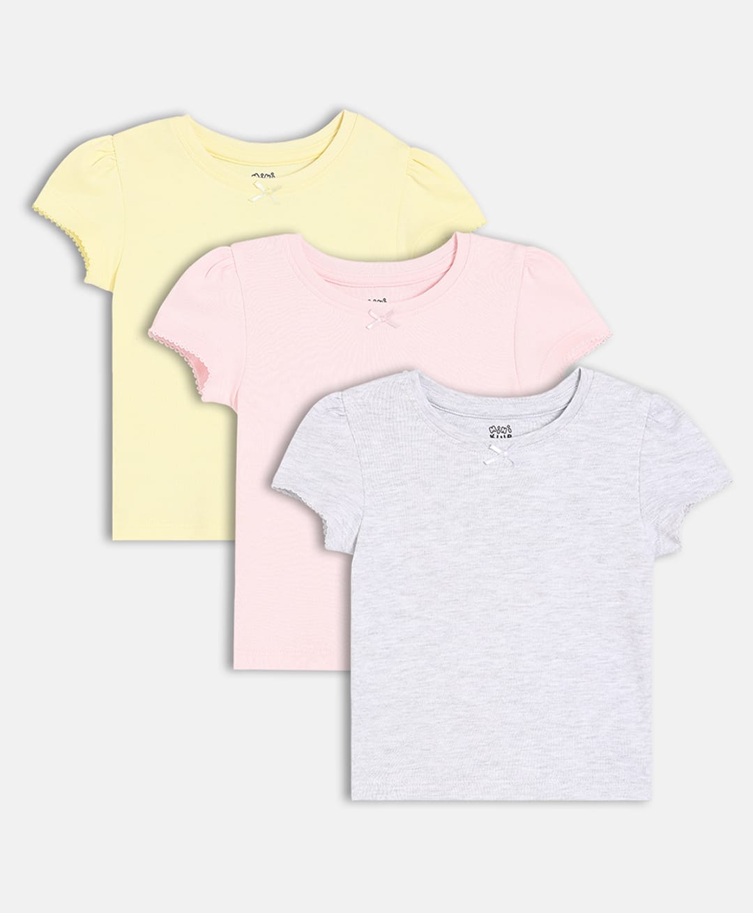 MINI KLUB Cotton Knit Pack Of 3 Half Sleeves Solid Tops - Pink Yellow & Grey-image-41