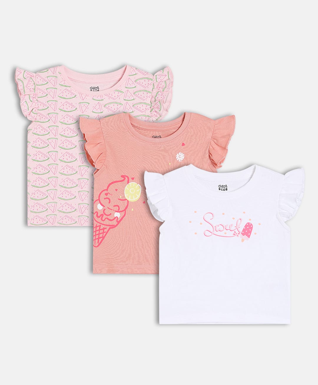 MINI KLUB Cotton Knit Pack Of 3 Cap Sleeves Sweet Text Ice Cream & Watermelon Printed Tops - Purple White & Pink-picture-27