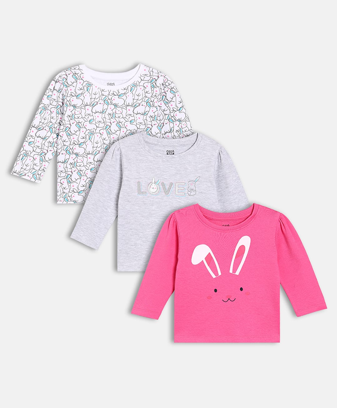 MINI KLUB Cotton Knit Pack Of 3 Full Sleeves Rabbit Printed Top - White Pink & Grey-picture-21