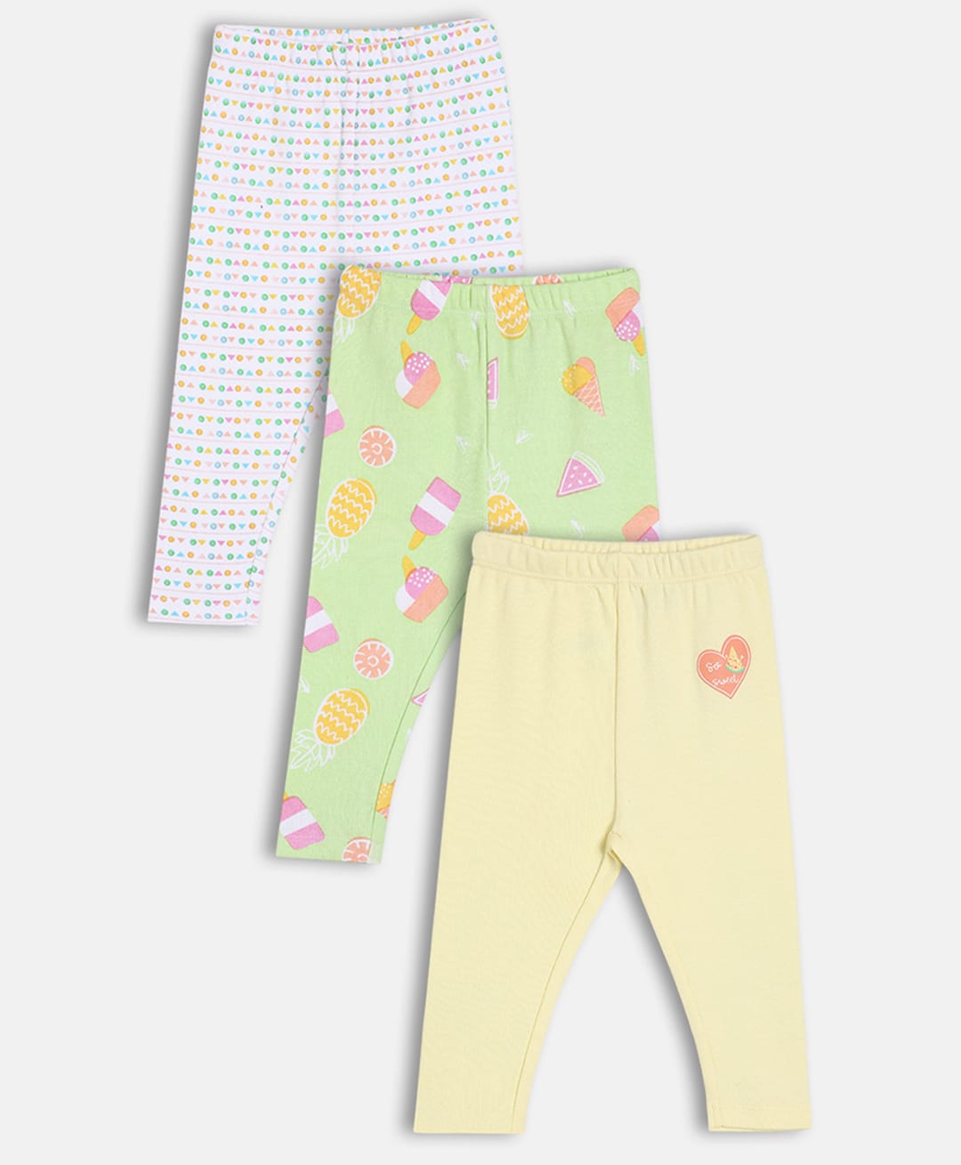 MINI KLUB Cotton Pack Of 3 Solid & Fruit Printed Leggings - Green White & Yellow-image-17