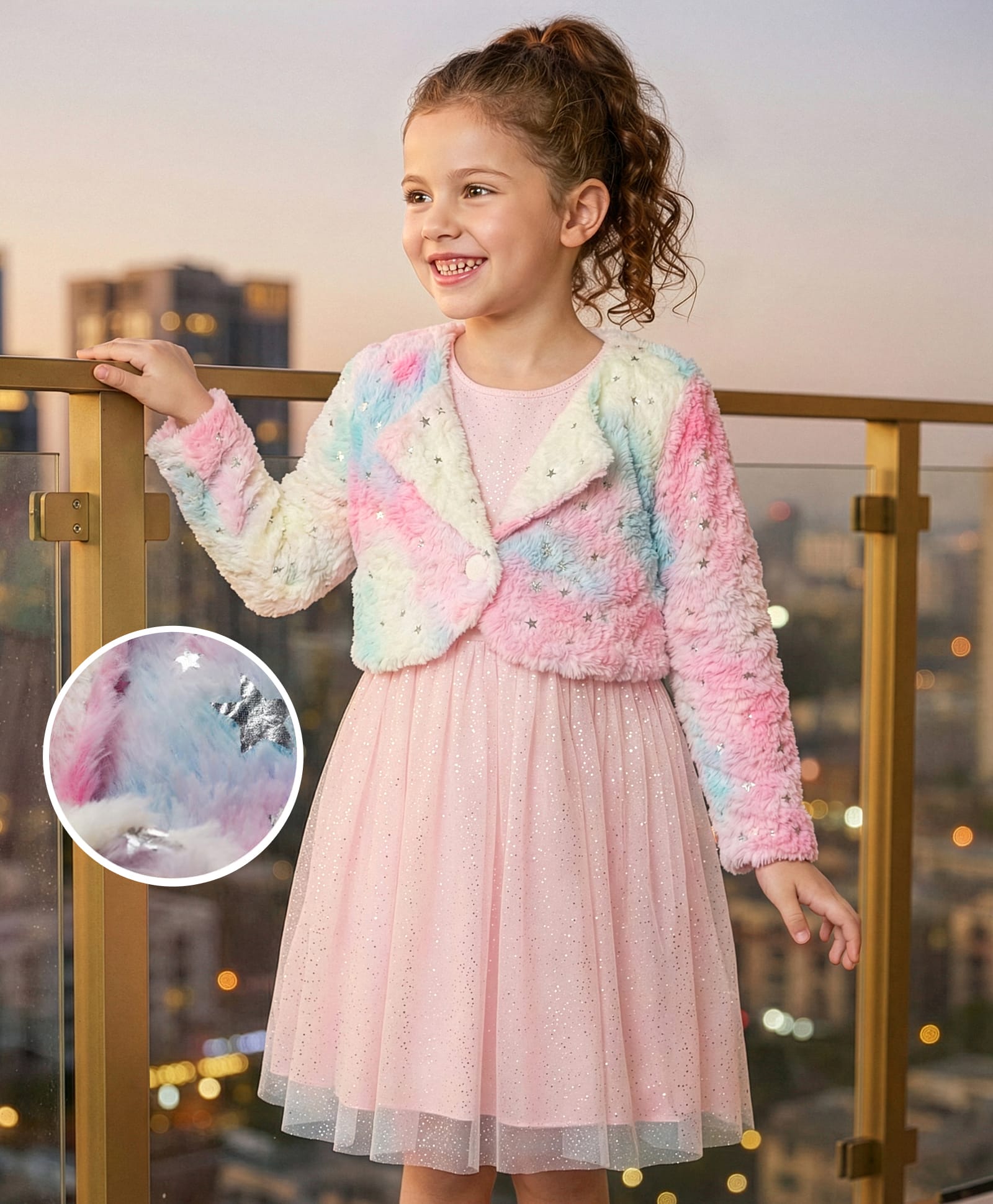 Hola Bonita Knit Foil Mesh Party Dress With Full Sleeves Fur Jacket - Pink-image-29
