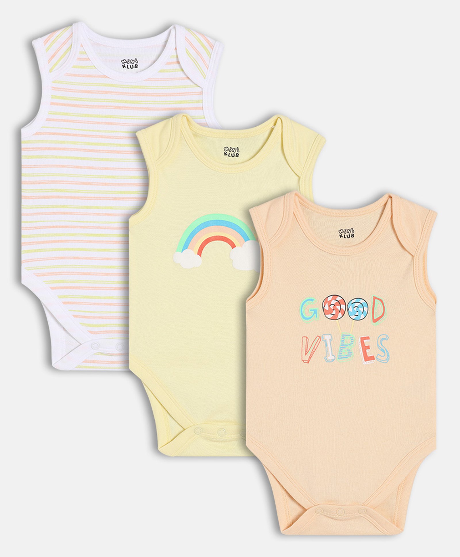 MINI KLUB Cotton Knit Pack Of 3 Sleeveless Striped & Typography Printed Onesies - Yellow Peach & White-image-45