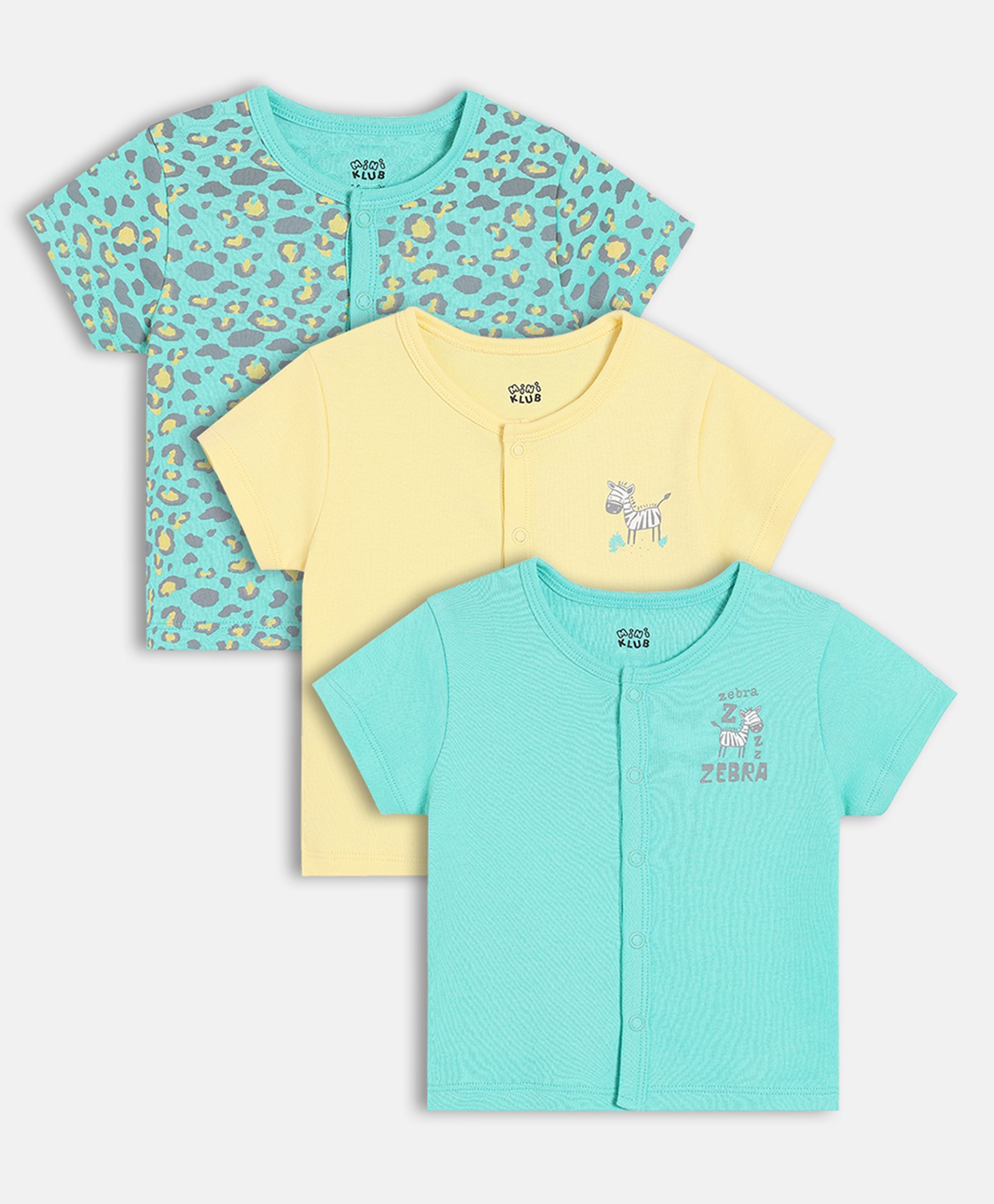 MINI KLUB Cotton Knit Pack Of 3 Half Sleeves Animal & Typography Printed Jhablas - Blue & Yellow-picture-31