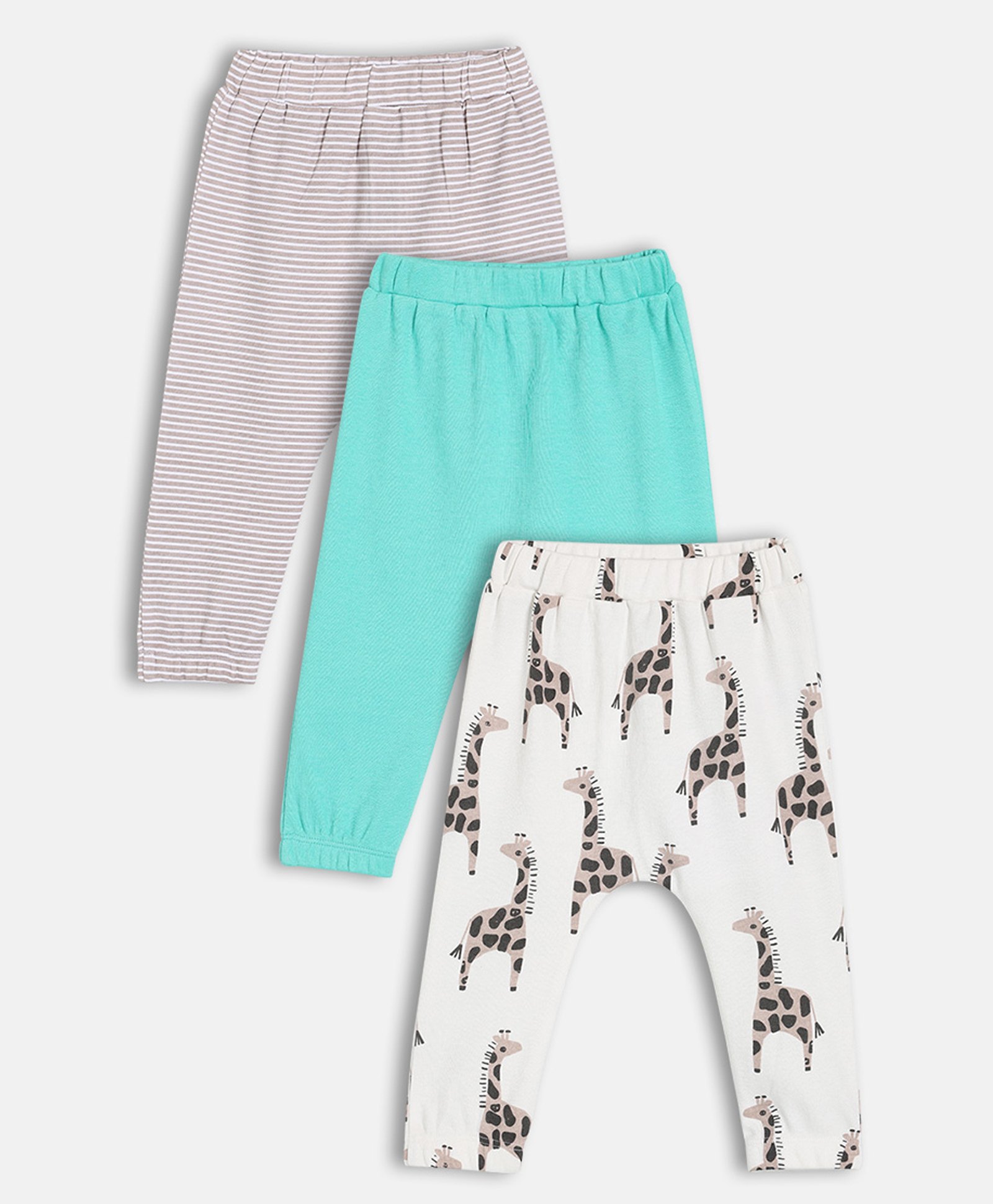 MINI KLUB Cotton Knit Pack Of 3 Striped & Giraffe Printed Diaper Pajamas - White Blue & Grey-picture-30